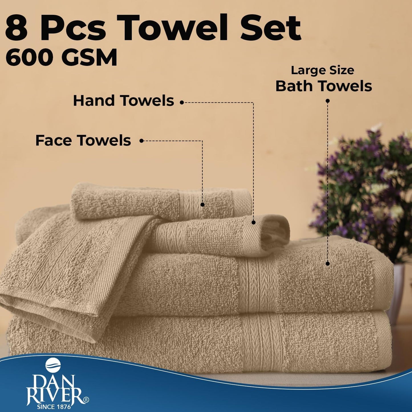 DAN RIVER 8 Piece Luxury Bath Towels for Bathroom, Towel Set, Tan | 2 Bath towels, 2 Hand towels, and 4 Wash Cloths