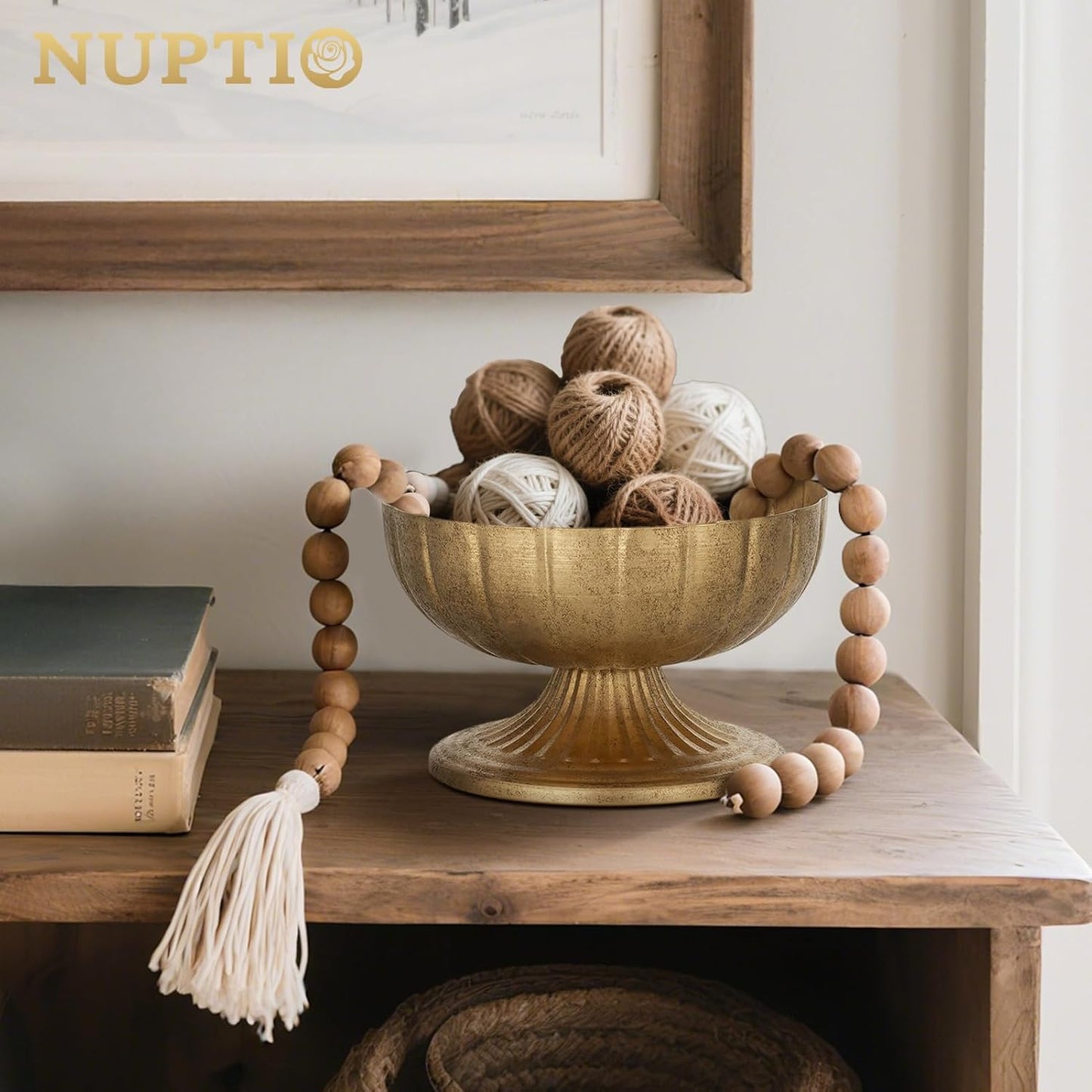 NUPTIO Gold Compote Vase for Centerpiece, 8.5" Wide Opening, 10 Pcs | Distressed Brass Urn, Short Pedestal Footed Bowl