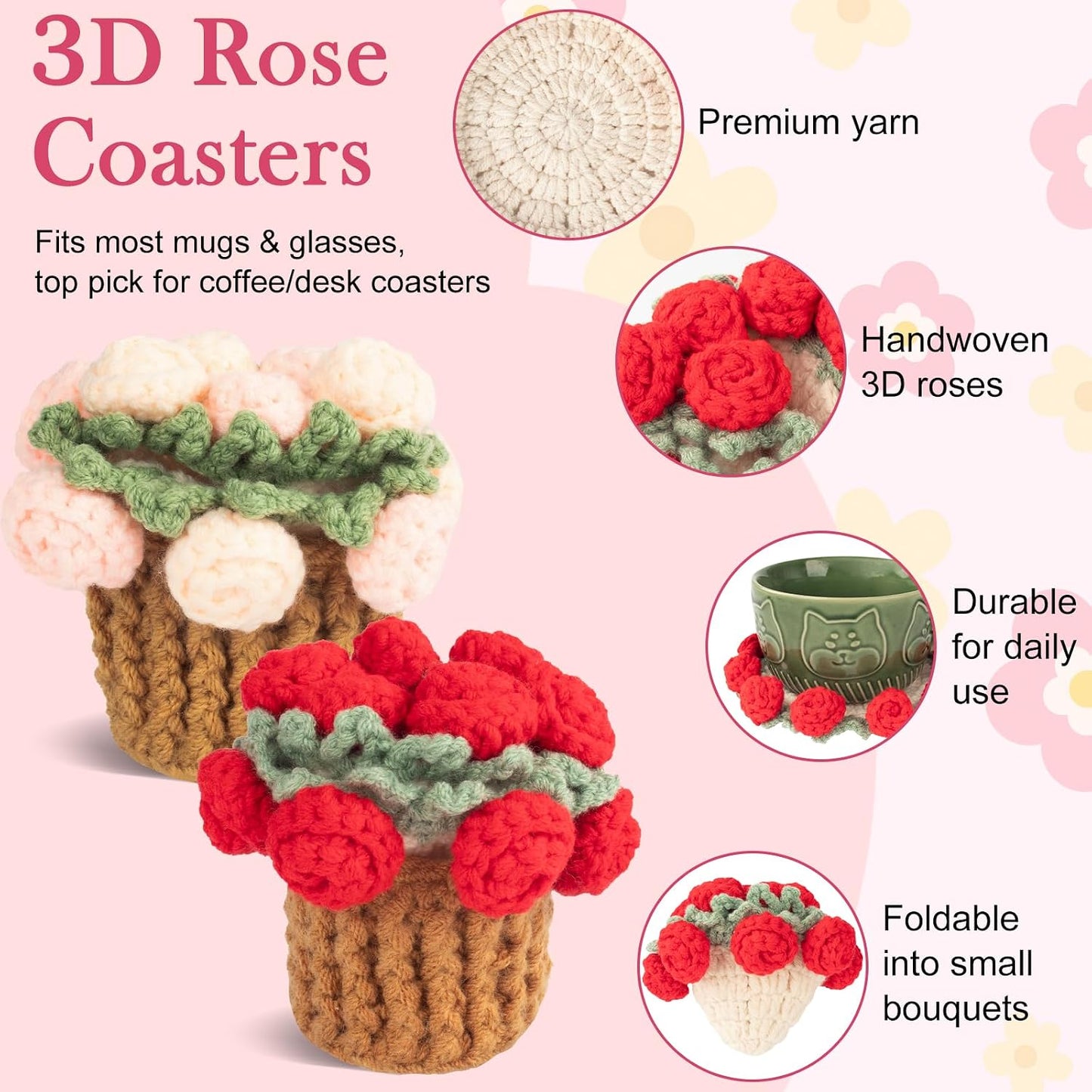 Basket / Crochet Flowers Coasters / Red,pink