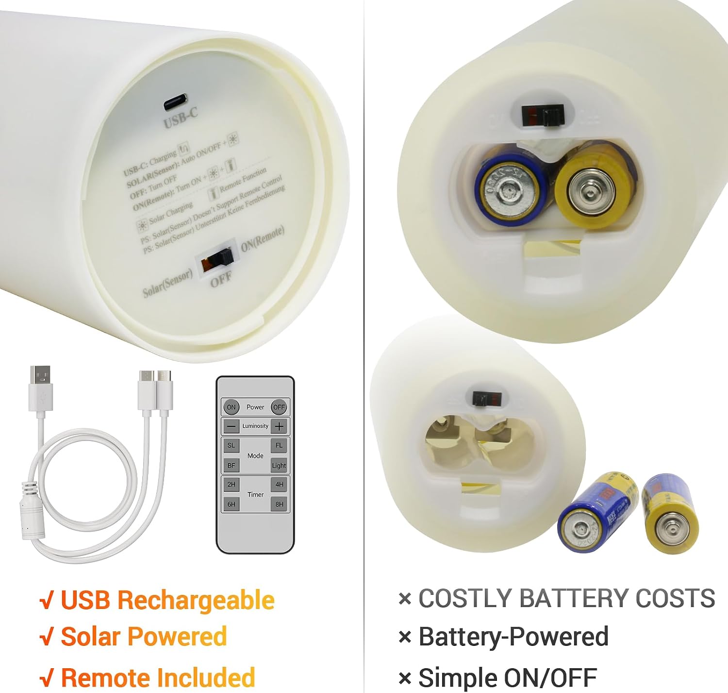 SoulBay 10"x4" Solar & USB Rechargeable Outdoor Flameless Pillar Candles | Waterproof Flickering LED, Remote Timer