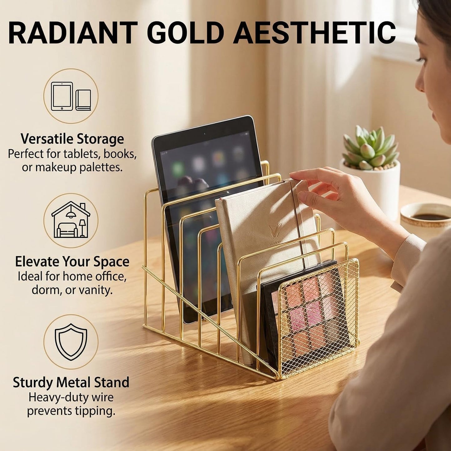 Gold Desk Organizer 7 Slot Inclined Vertical File Folder Holder Sorter with Mesh Front Metal Wire Rack for Mail, Slim