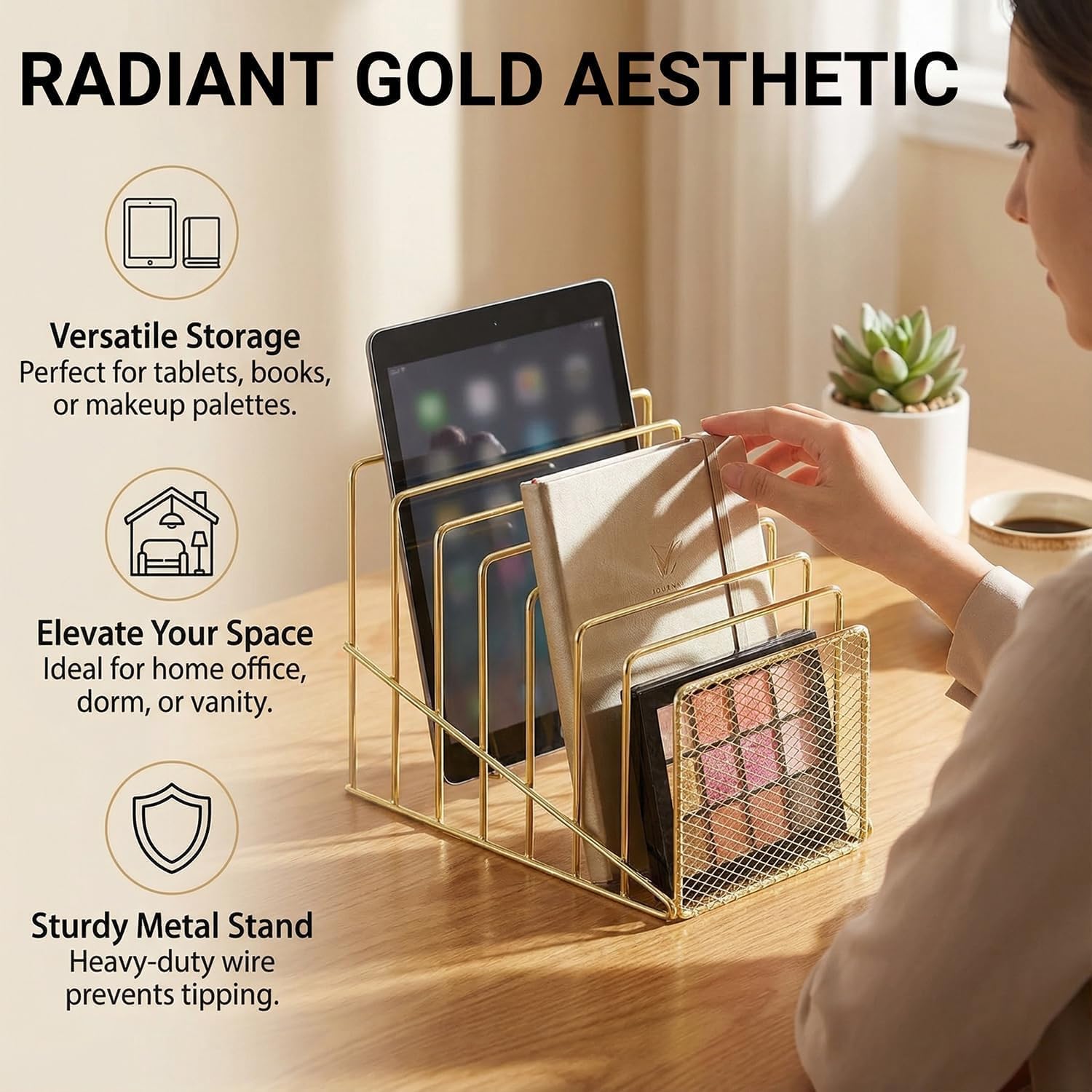 Gold Desk Organizer 7 Slot Inclined Vertical File Folder Holder Sorter with Mesh Front Metal Wire Rack for Mail, Slim