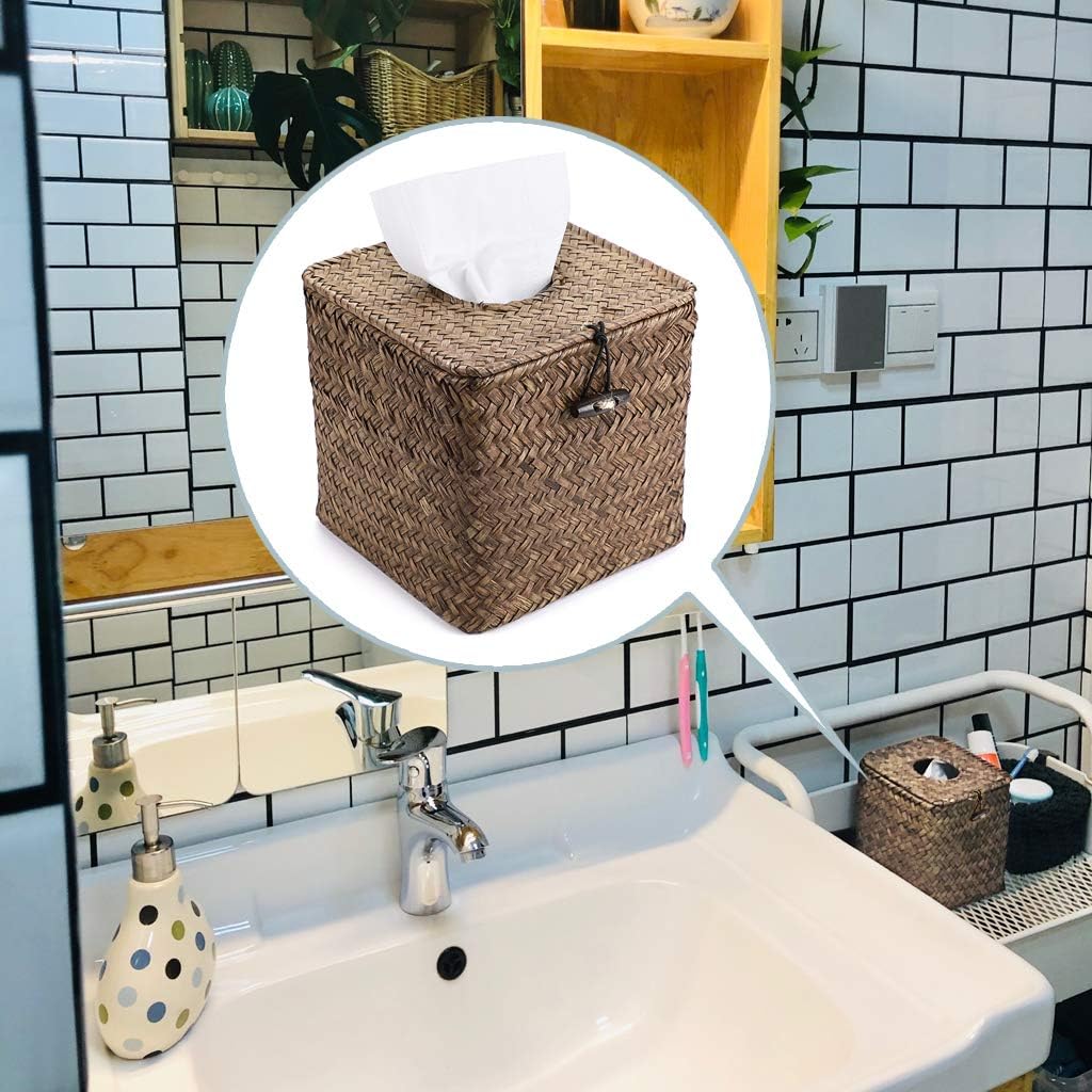 Woven Tissue Box Holder Rustic Cube Tissue Cover / Coffee / Seagrass