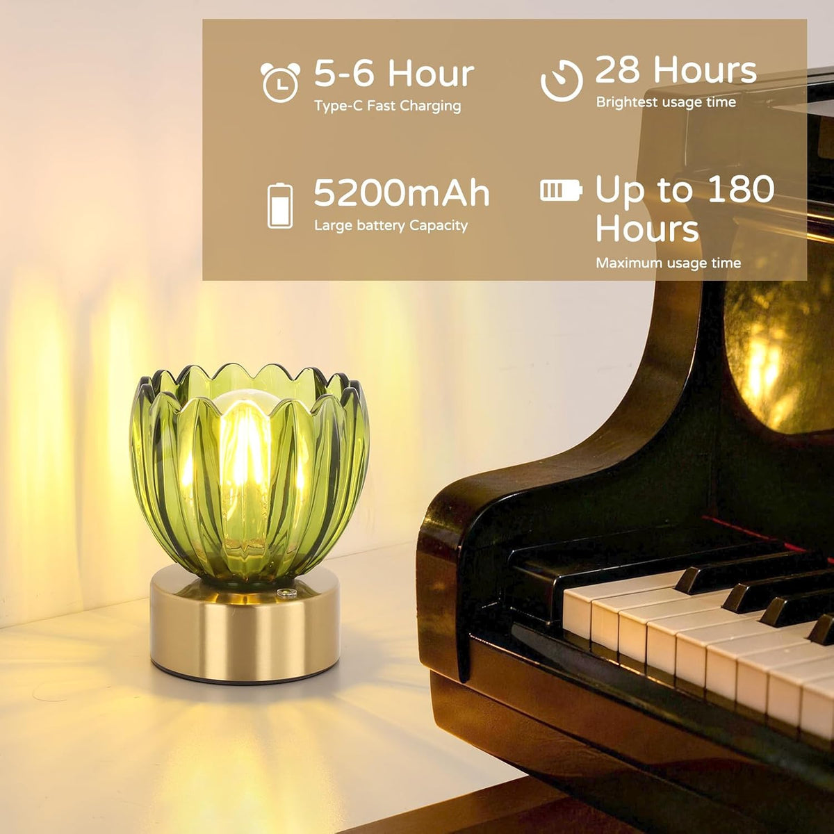 Shenmoyl Cordless Small Table Lamp with 5200mAh Battery & Touch Control, Battery Operated Tulip Table Lamp with 3