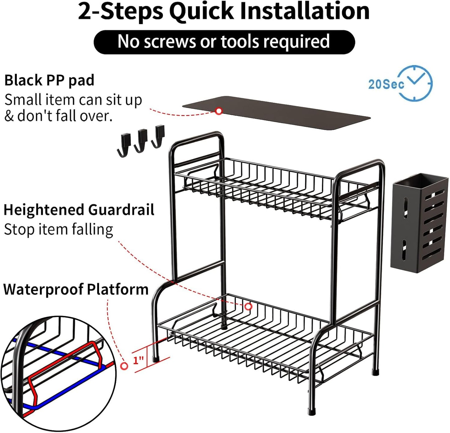 2 Tier Bathroom Countertop Organizer with Toiletries Basket for Vanity | Tool-free no-screw design.Sturdy black