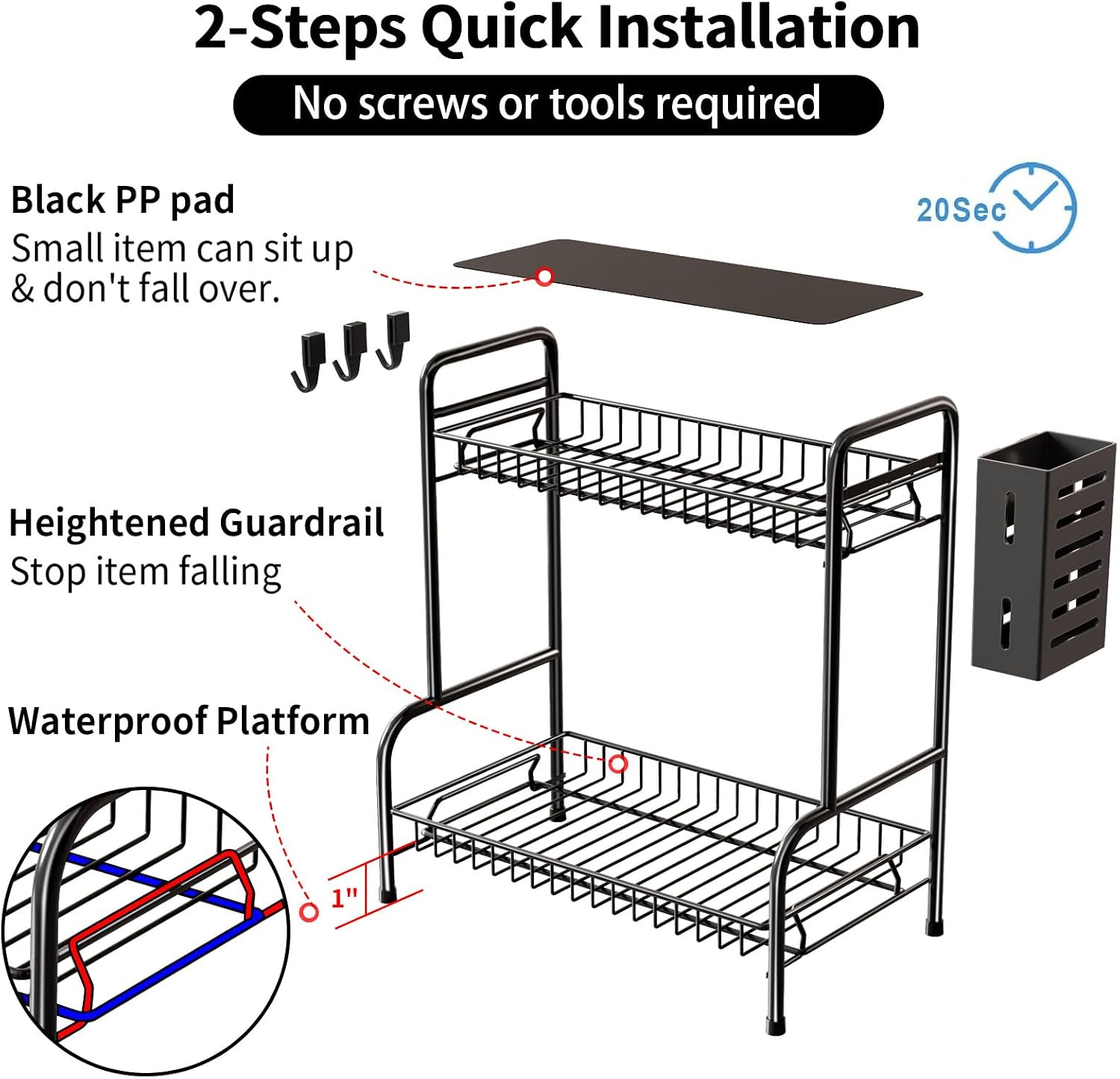 2 Tier Bathroom Countertop Organizer with Toiletries Basket for Vanity | Tool-free no-screw design.Sturdy black