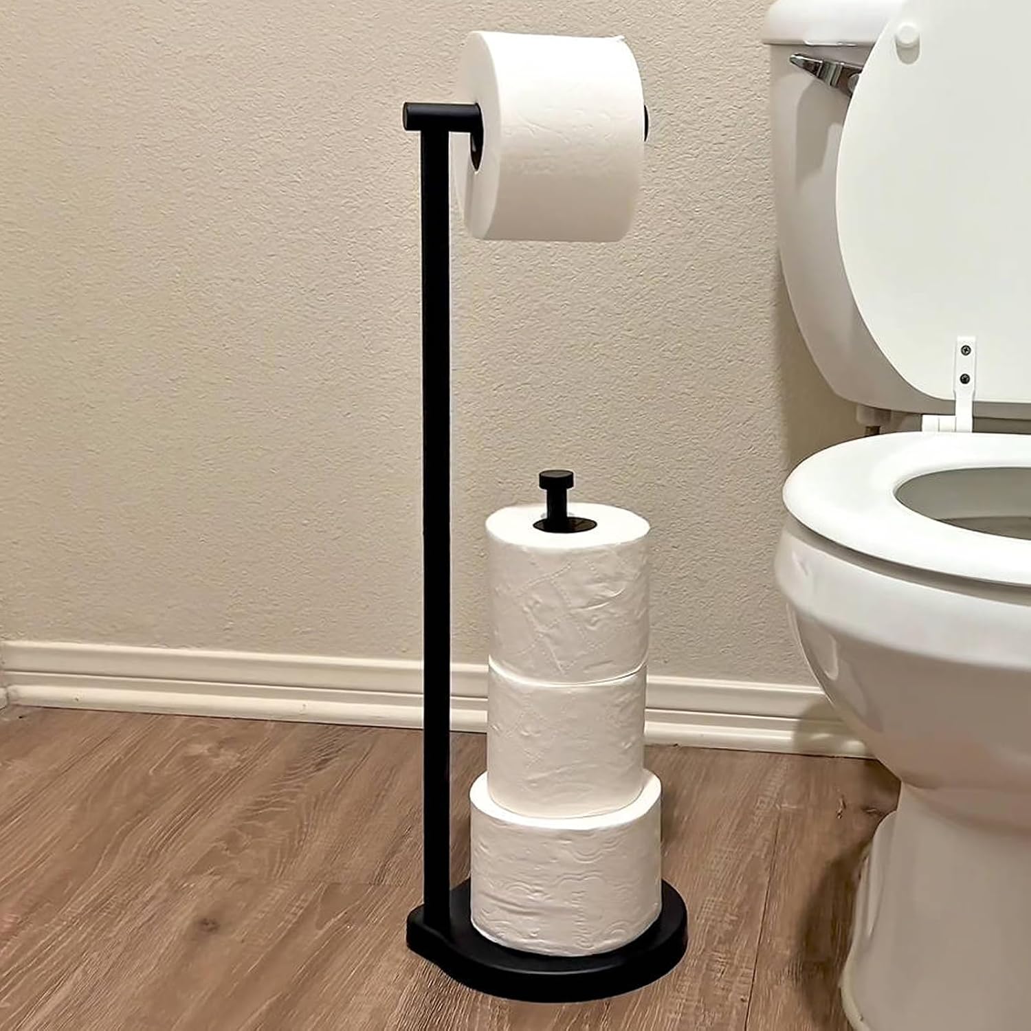theaoo Heavy-Duty Toilet Paper Holder Stand, Bathroom Storage, Black | Freestanding Toilet Tissue Paper Roll Holder