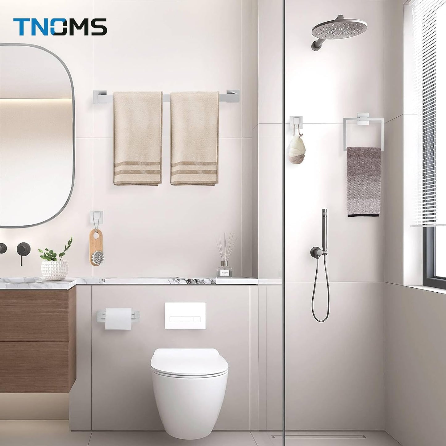 Brushed Nickel Towel Bar Set,5-Piece Bathroom Hardware Set Includes Upgraded Double Base Paper Towel Holder Modern