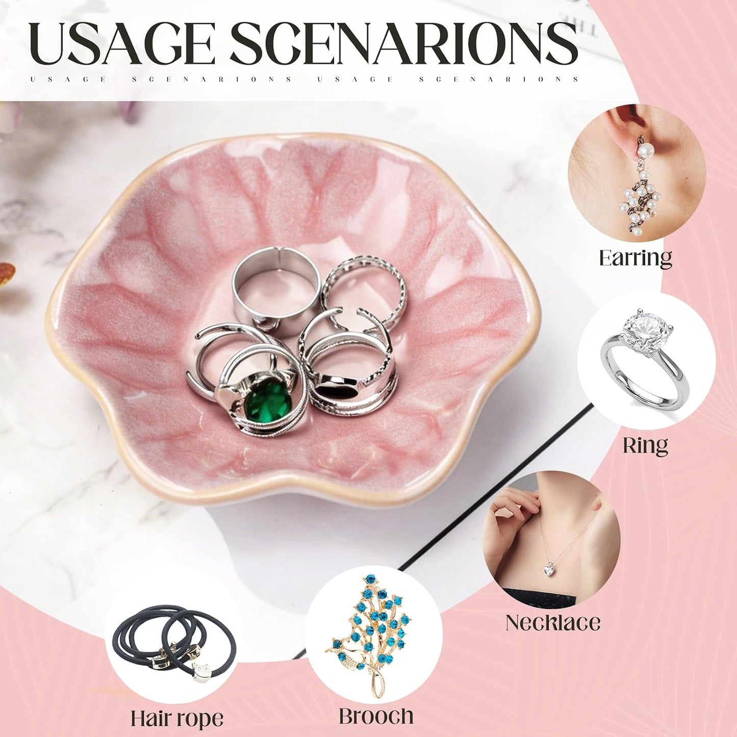 Small Jewelry Dish Trinket Holder Tray for Rings Earrings Key Bowl Women / Pink / Ceramic / Set of 4