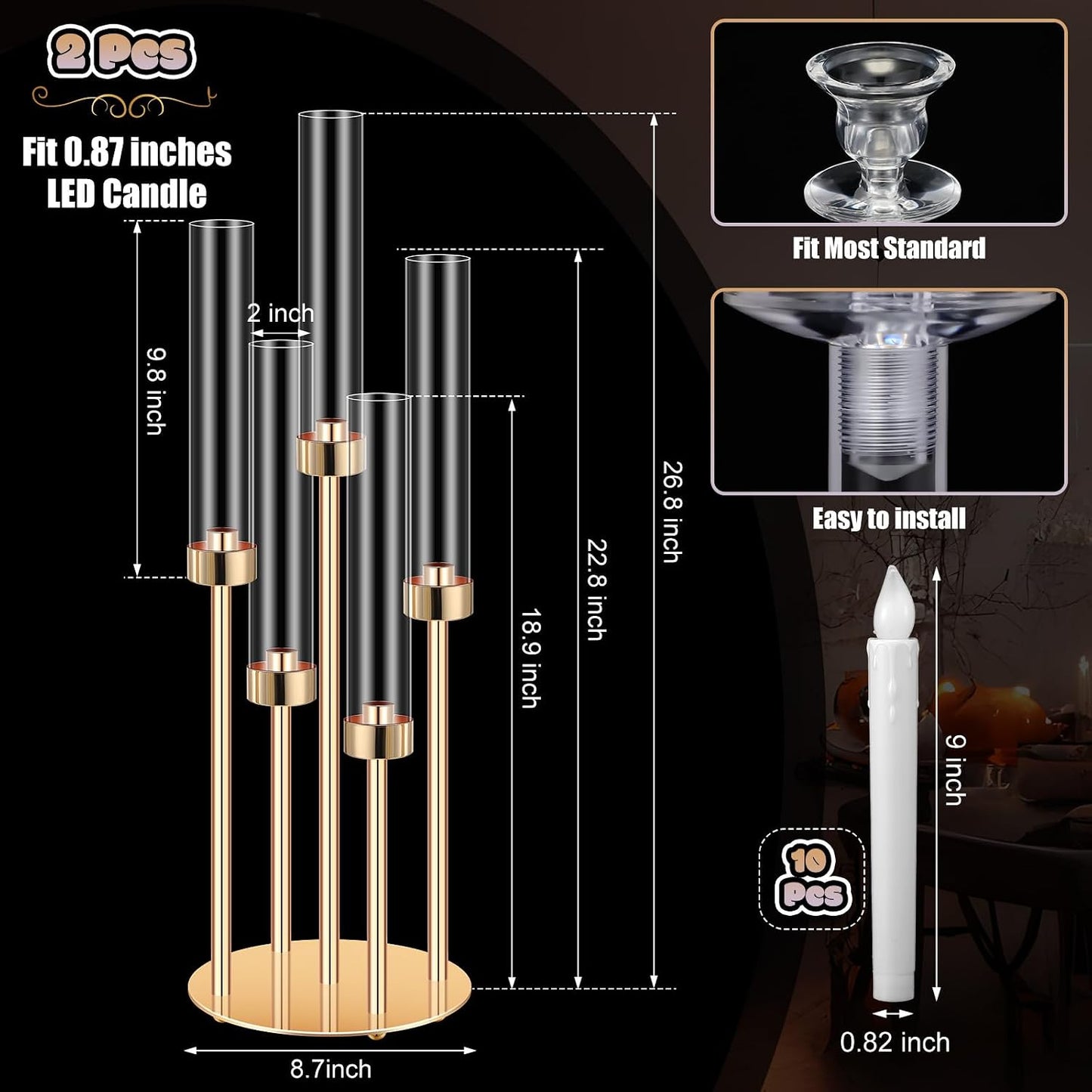 Tandefio 2 Set Gold Candelabra Centerpieces, 26.8" 5 Arm with LED Candles | Candelabra Centerpieces for Wedding Table