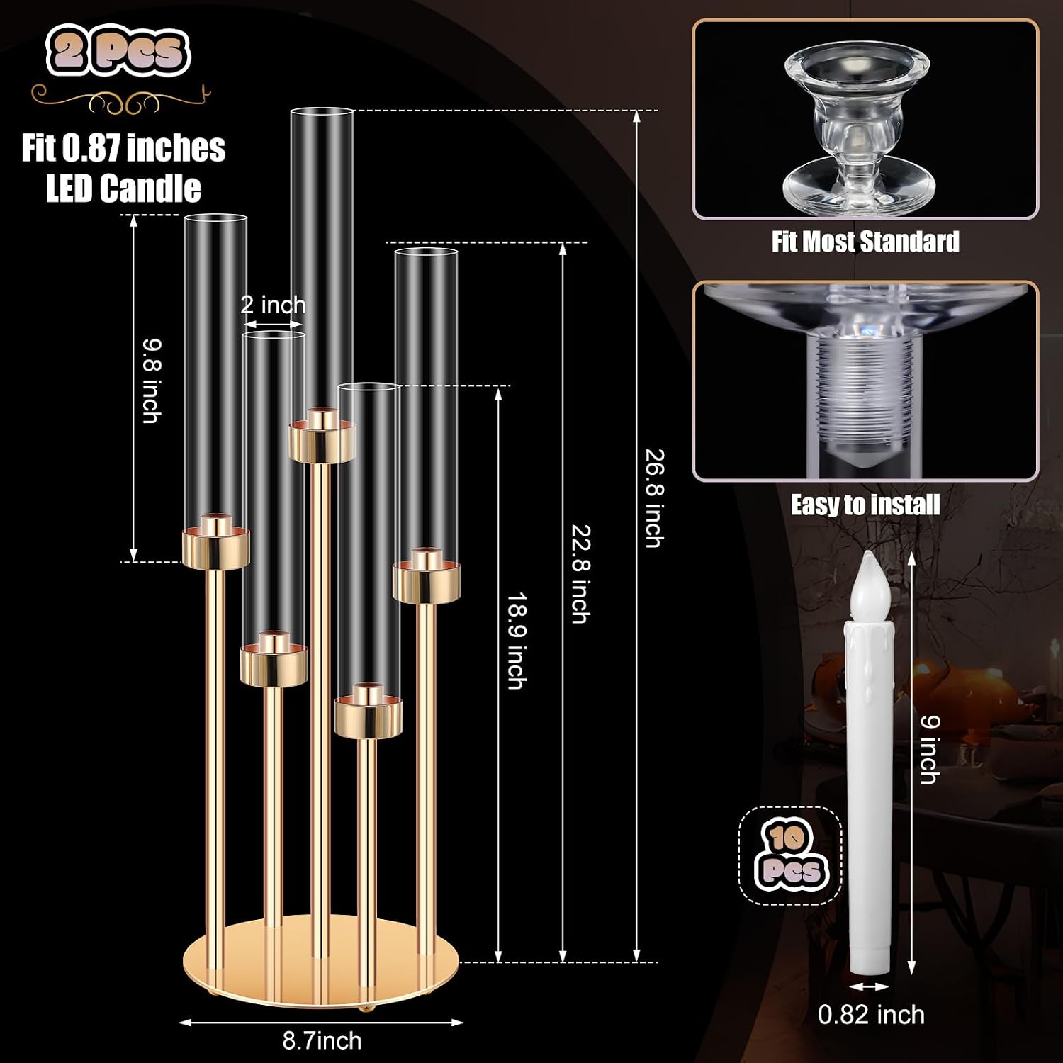 Tandefio 2 Set Gold Candelabra Centerpieces, 26.8" 5 Arm with LED Candles | Candelabra Centerpieces for Wedding Table