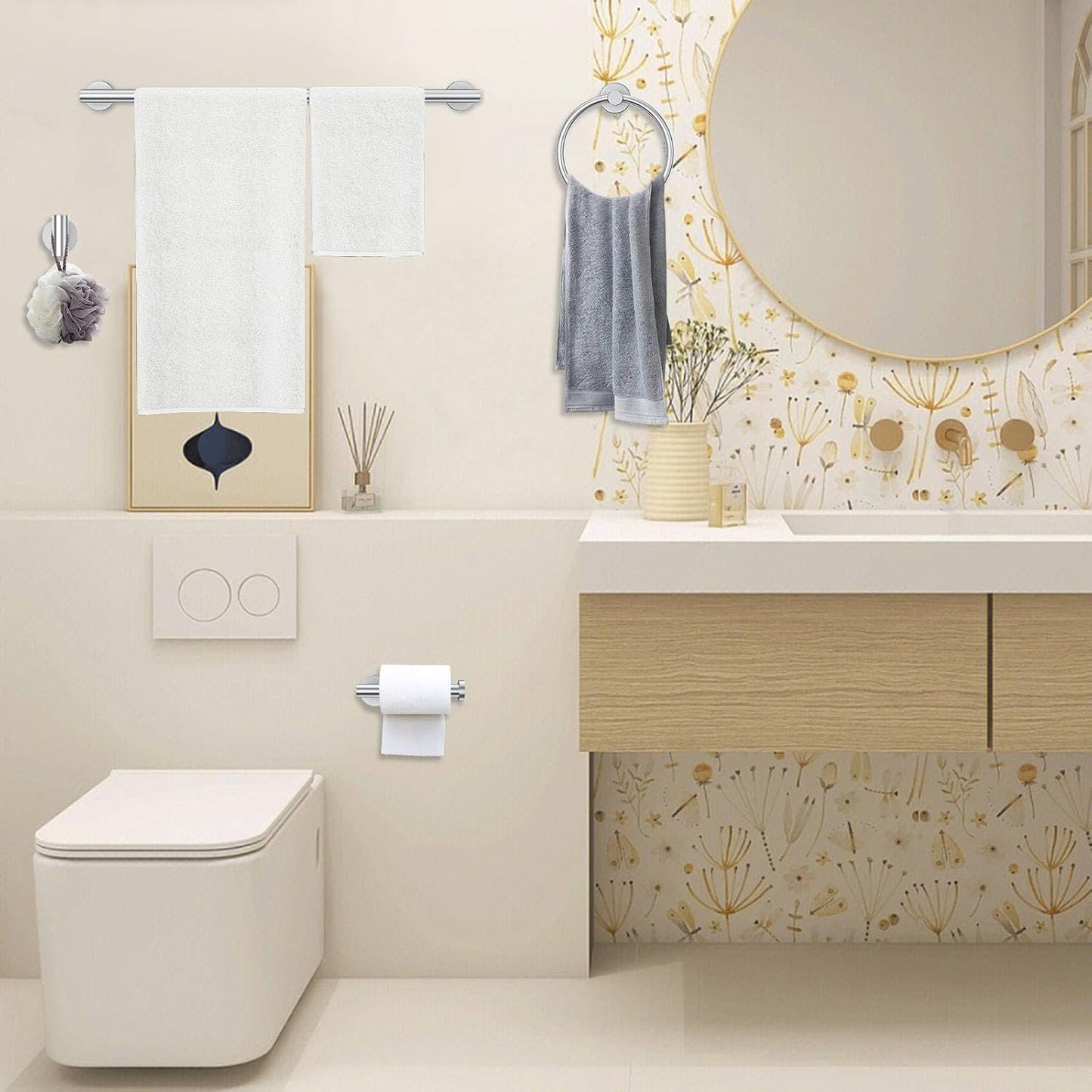 5-Piece Towel Bar Set Brushed Nickel Bathroom Hardware Set Include Towel Bar Towel Ring Paper Towel Holder Coat Hooks