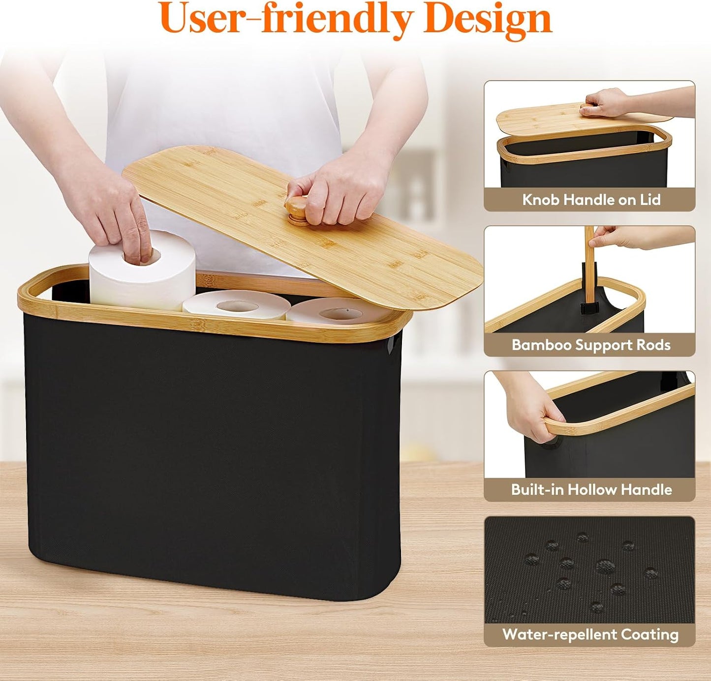 Lifewit Toilet Paper Storage Holder, Large Stand Basket, 23L, Black | 9 to 12 Rolls, Large Paper Stand with Bamboo Lid