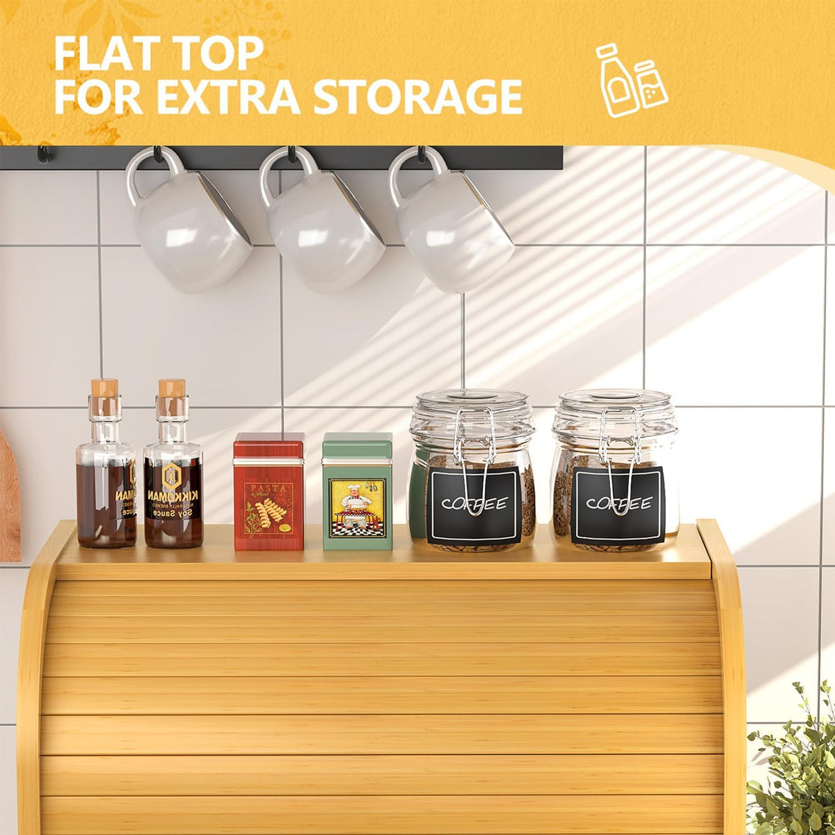 Bamboo Bread Box for Kitchen Countertop, Roll Top Bread Storage Box | Double Layer, Large Capacity, Space-saving, Easy