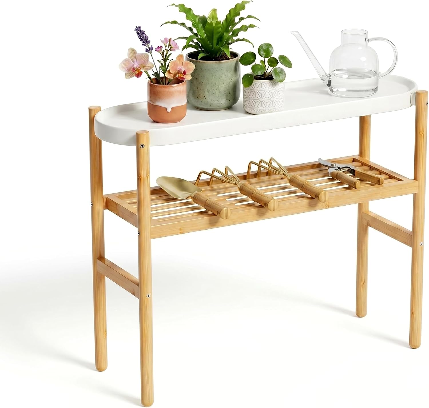 Bamboo Plant Stand Indoor, 47" 2-Tier Plant Shelf Table for Multiple Plants | Easy-Clean Steel Top | Smooth Bamboo