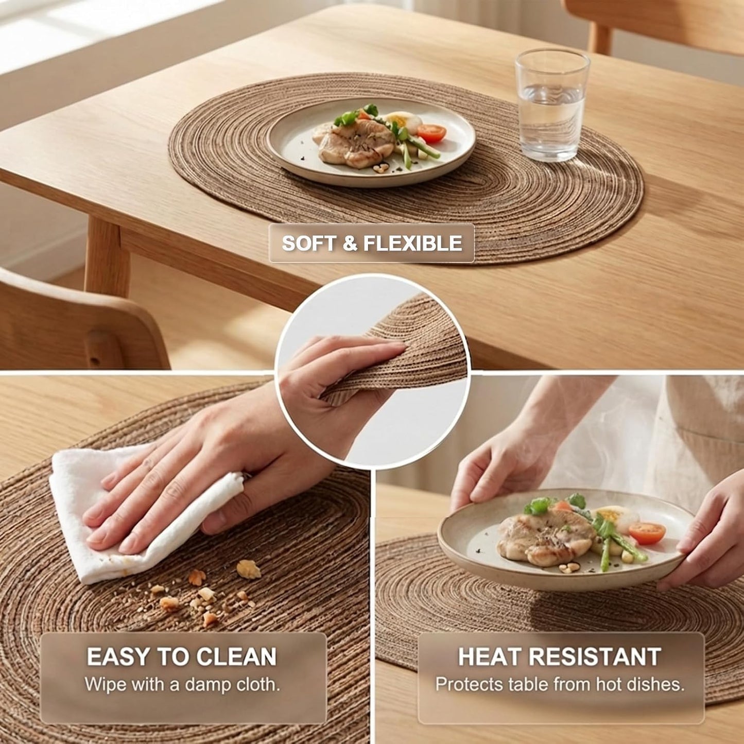 Placemats Set of 8, Woven Oval Braided Dining Table Mats(Brown) | 12 x 17.5 Inch Size Fits Plates and Flatware; Hand