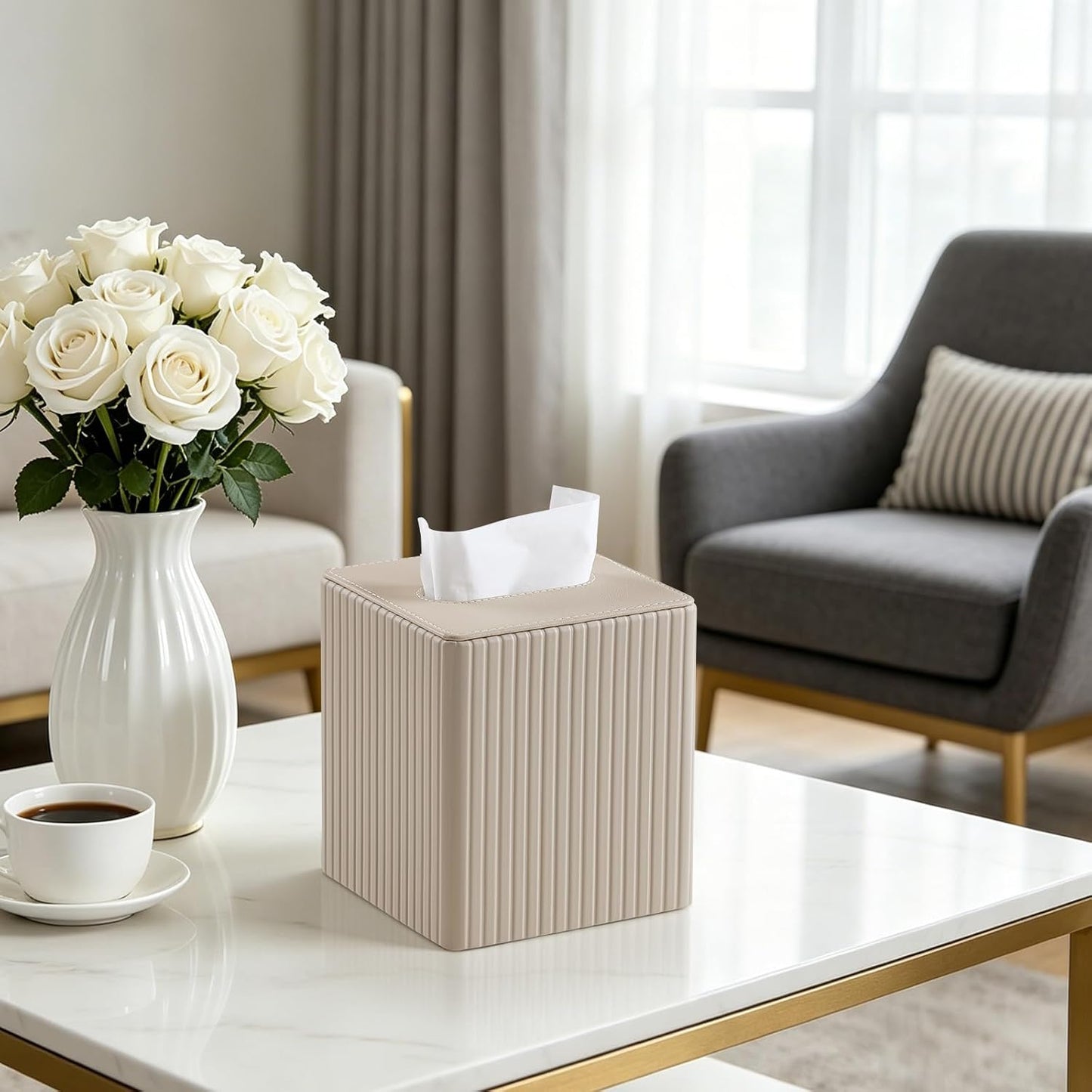 PU Leather Tissue Box Cover Square Tissue Box Holder / Beige Fluted