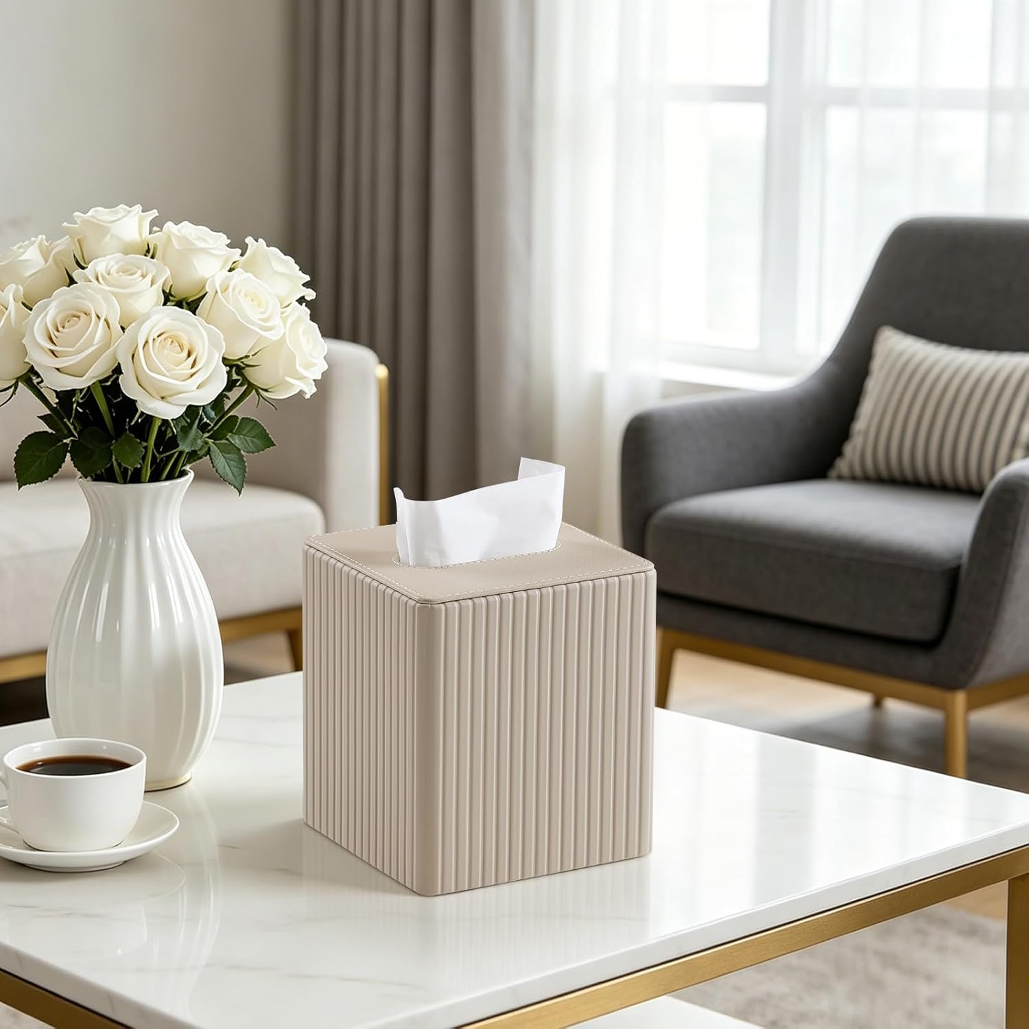PU Leather Tissue Box Cover Square Tissue Box Holder / Beige Fluted