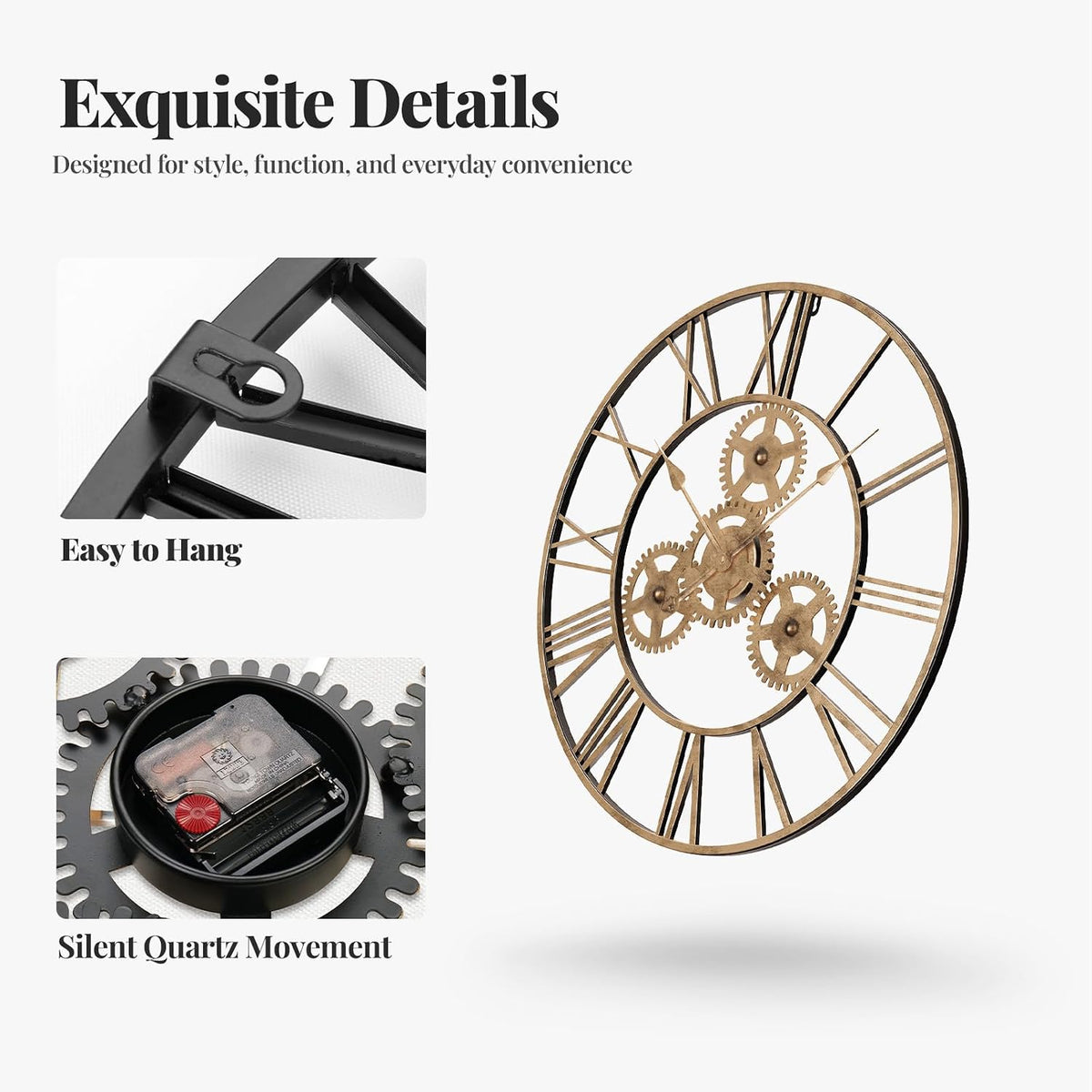 Cuspin 24 Inch Gold Wall Clock with Gears, Modern Industrial Metal Clock | Roman Numeral, silent non ticking, battery
