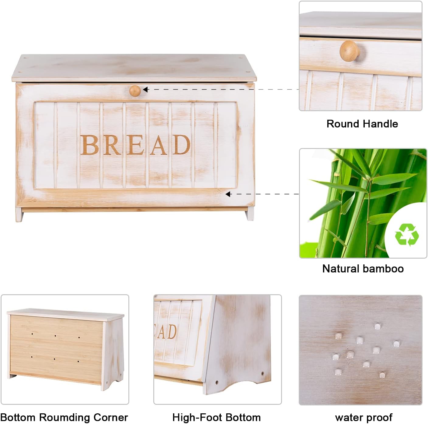 HOMEKOKO Vintage Wood Bread Box for Kitchen Counter, Food Storage Bin,White | Retro Farmhouse Style, Holds 2 Loaves