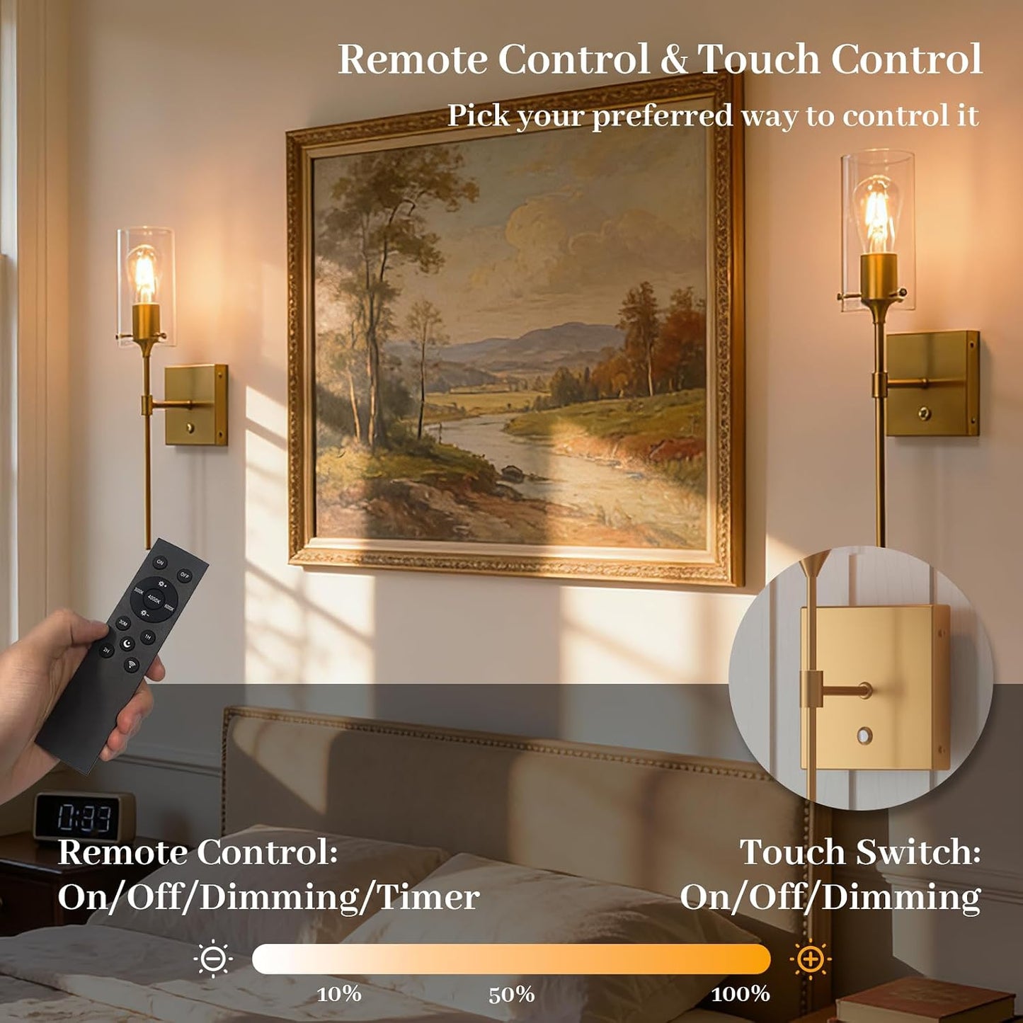 Battery Operated Wall Sconces Set of 2 with Remote Control, Gold | Dimmable 3 Colors, Wireless Rechargeable Wall Lights