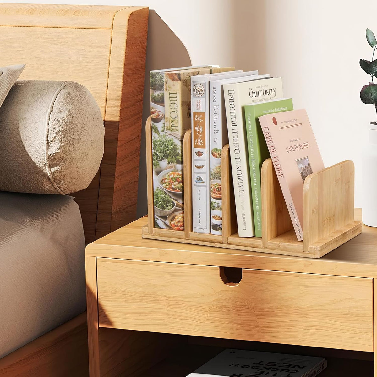 Cook Book Organizer,Bamboo Cookbook Stand for Kitchen Counter with 4-Slot,Sturdy Recipe Book Holder Stand for
