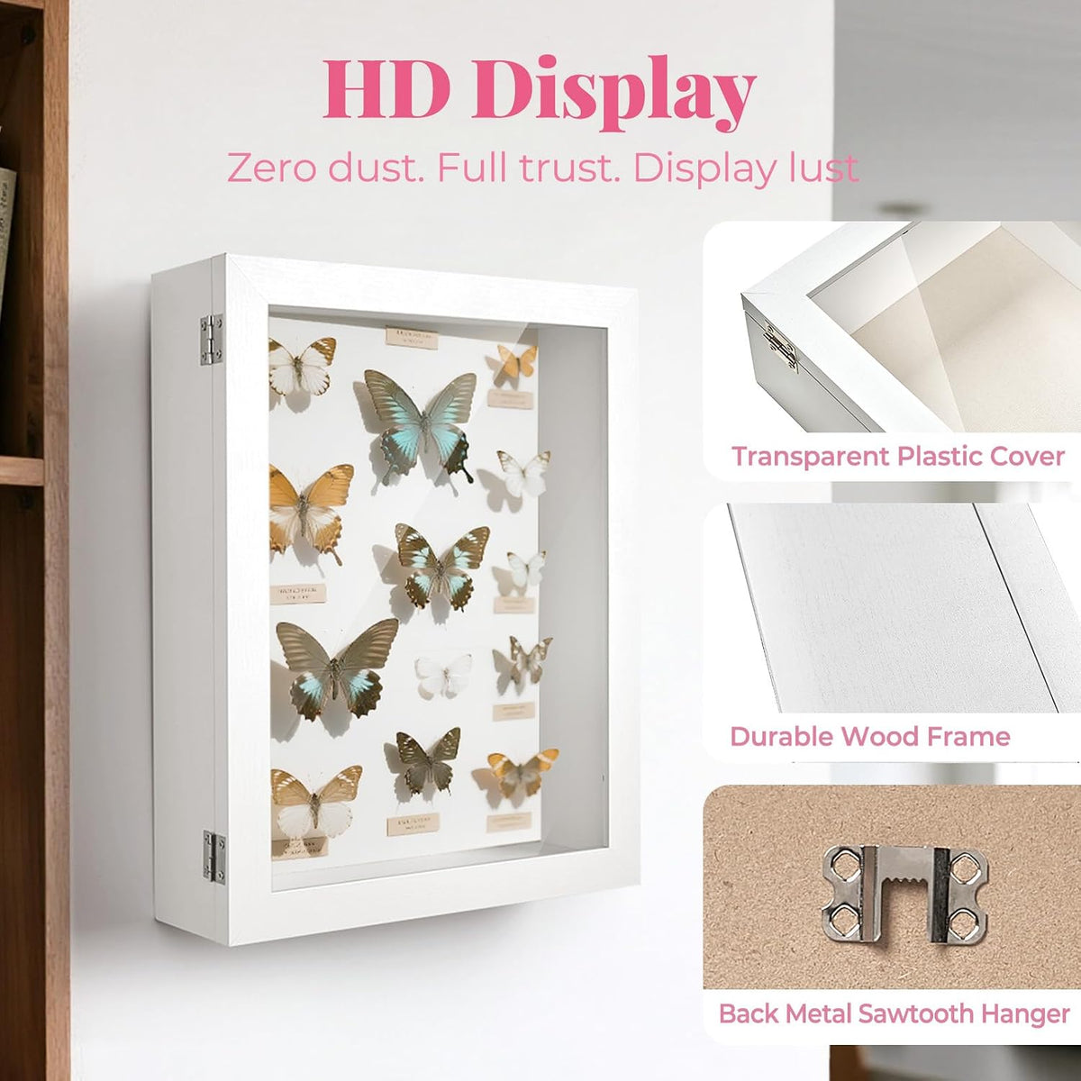 HOUSE DAY 11x14 Deep Shadow Box Frame with Linen Back, Pins, White | 2.4 in Usable Depth for Pet, Baby Keepsakes