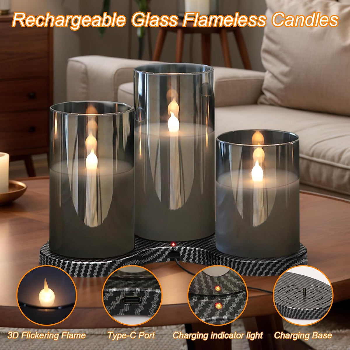 GenSwin Glass Rechargeable Flameless Candles with Remote Timer Black | Battery Operated LED Candles, Charging Base