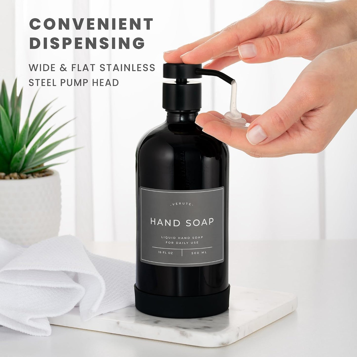 Hand and Dish Soap Dispenser for Kitchen and Bathroom, Set of 2 16 Oz Glass Bottles, Stainless Steel Pumps, Non-Slip