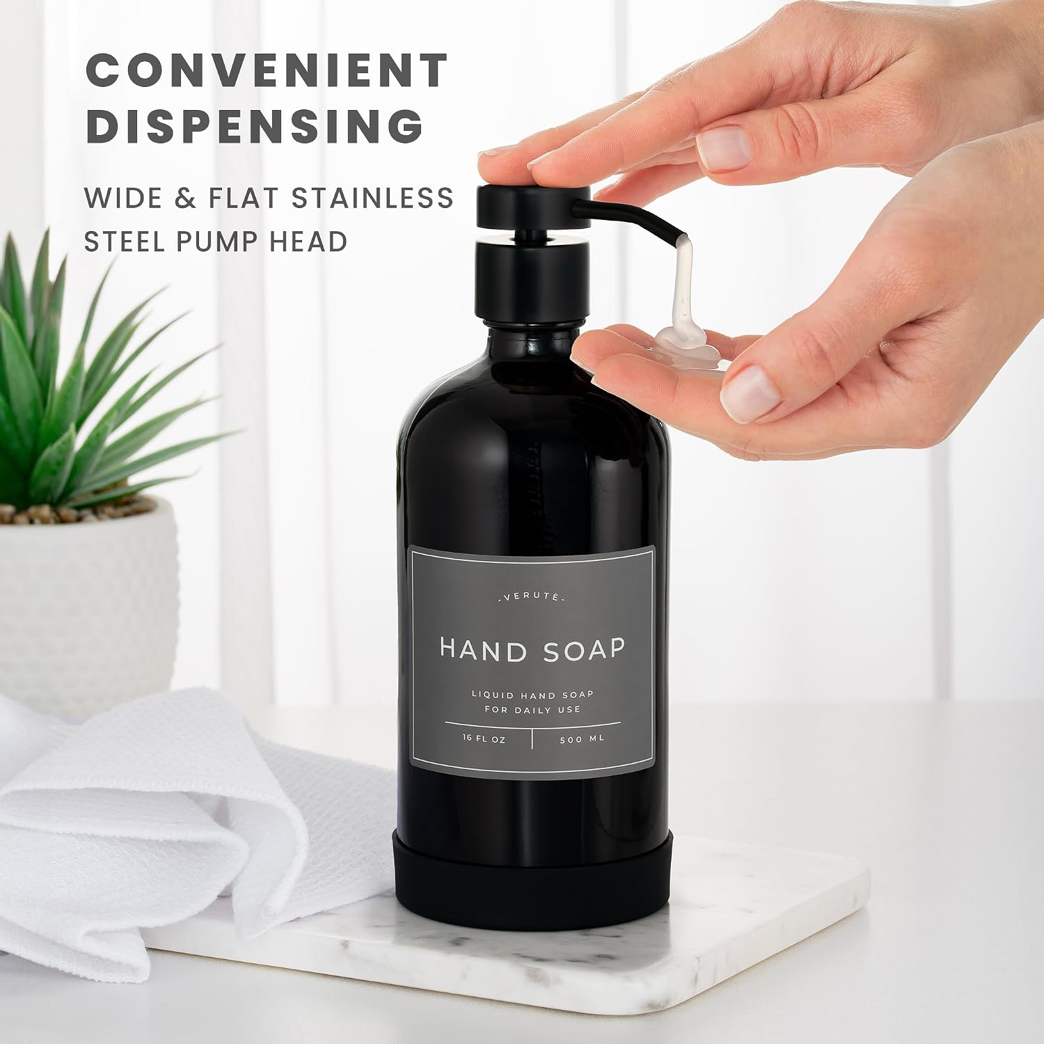 Hand and Dish Soap Dispenser for Kitchen and Bathroom, Set of 2 16 Oz Glass Bottles, Stainless Steel Pumps, Non-Slip