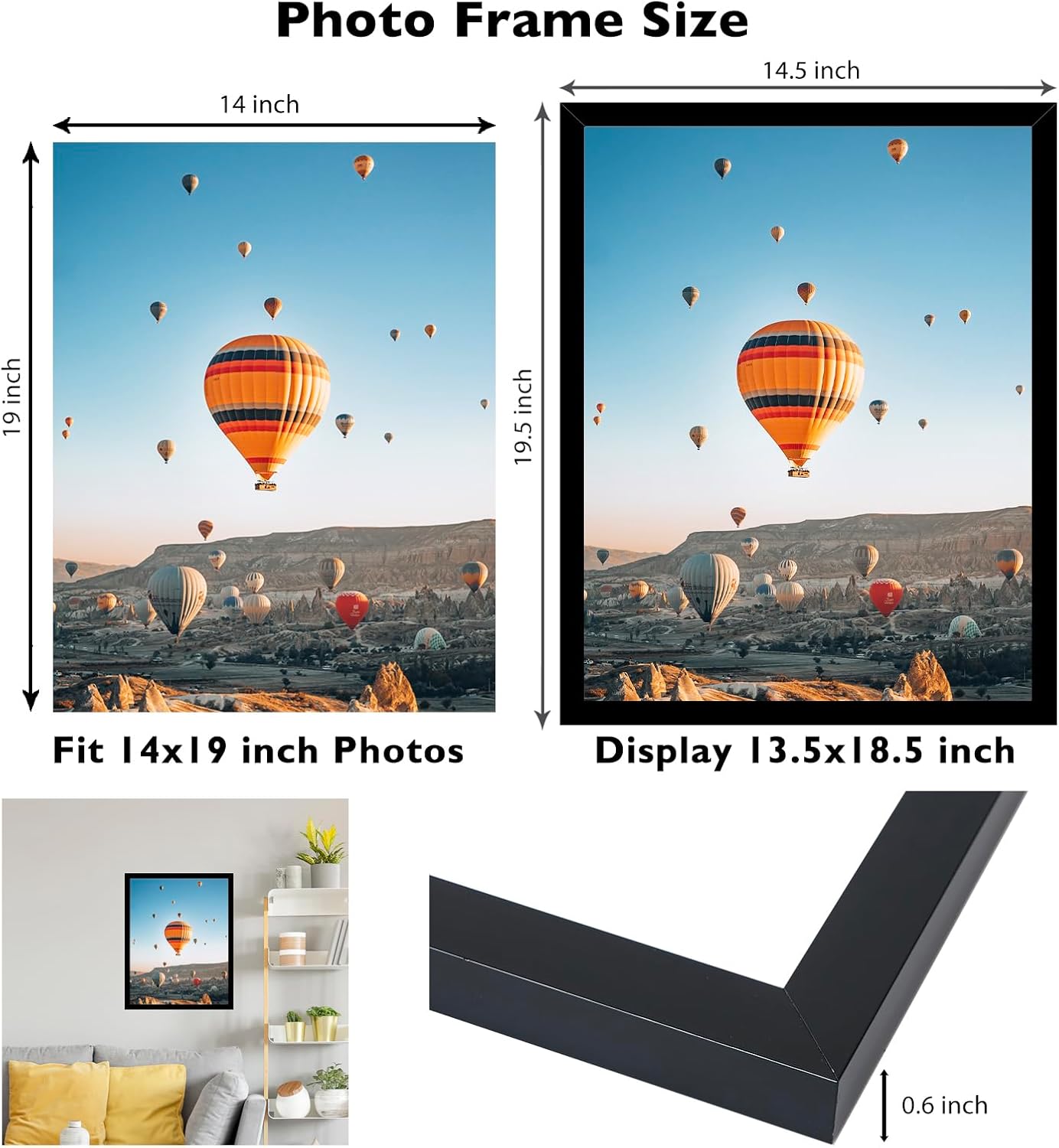JCJMY 14x19 Black Picture Frame Set of 4, Horizontal and Vertical Formats for Wall Hanging, 14 x 19 Wall Gallery Poster
