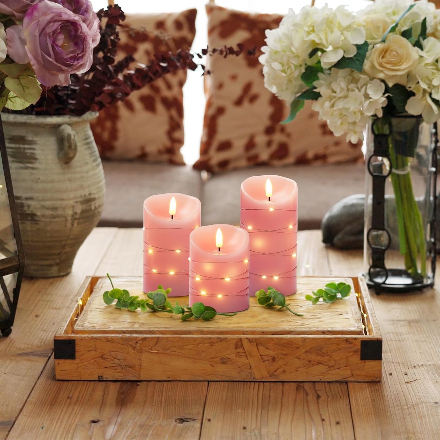 Homemory Flameless Candles with String Lights, 3 Pack Embedded Fairy String Lights LED Candles, Electric Flickering