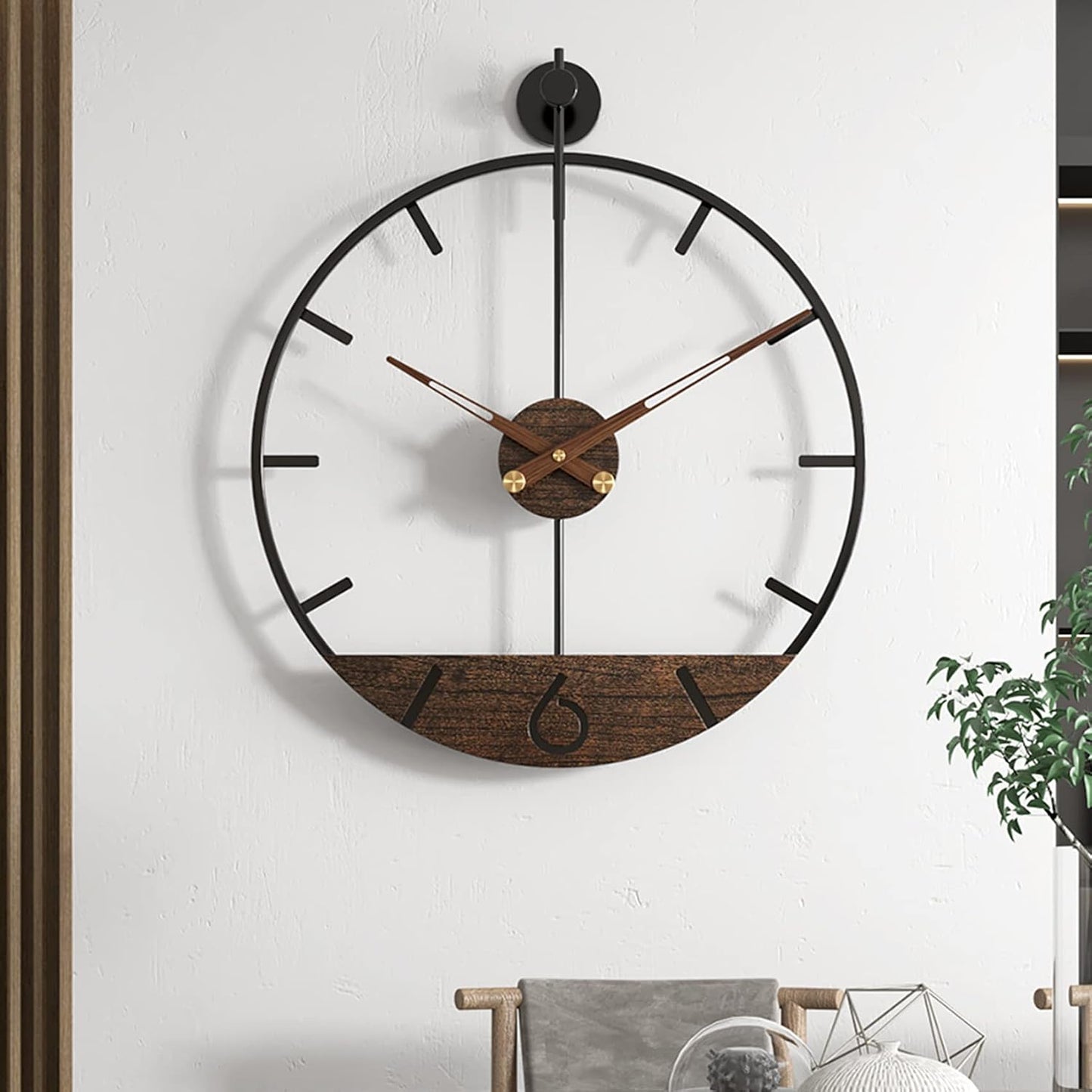 Modern Wood Walnut Dial Wall Clock, Large Simple Wall Decor Metal Frame Silent Non Ticking Clock for Living Room