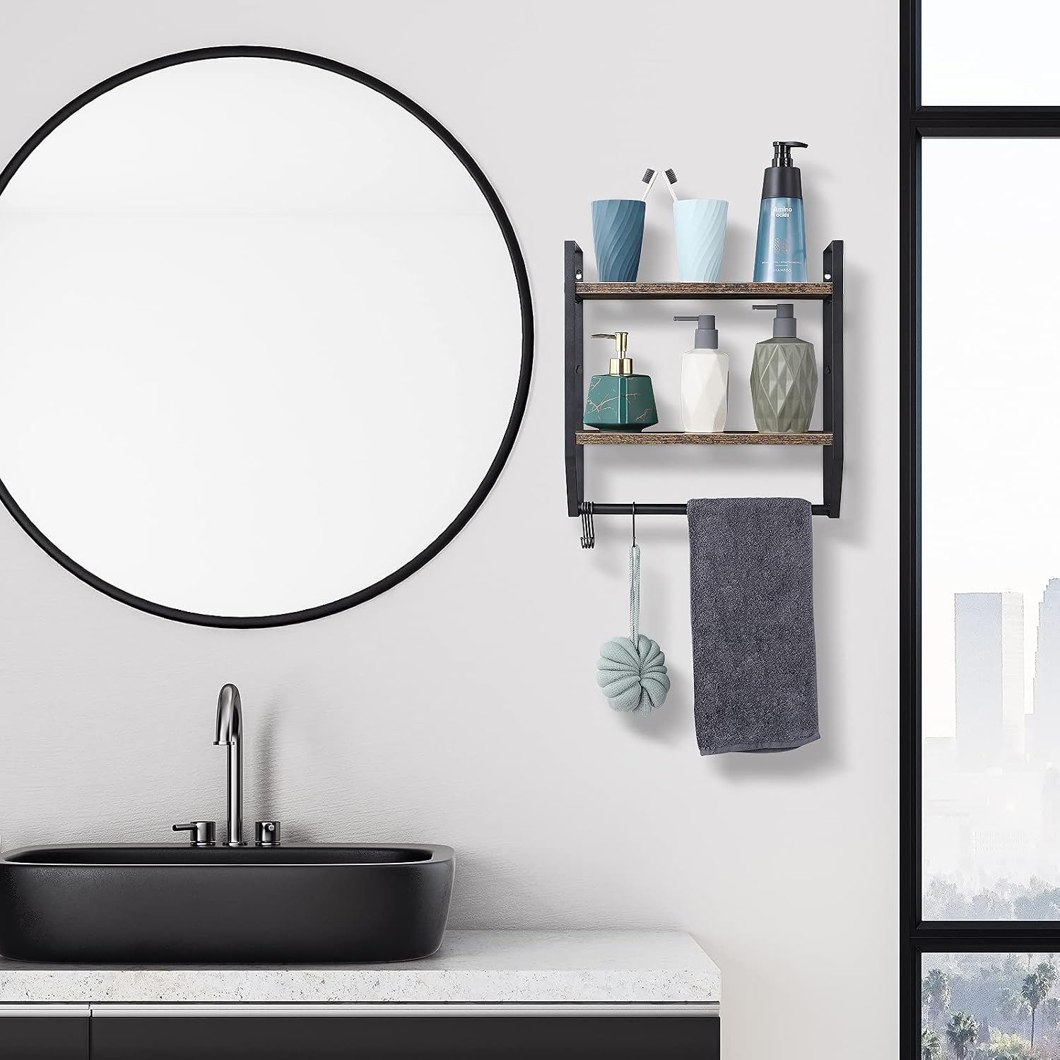 OYEAL Bathroom Shelf with Towel Bar Wall Mounted Towel Rack | Rustic Towel Shelf for Bathroom with 5 Hooks, 2 Tier