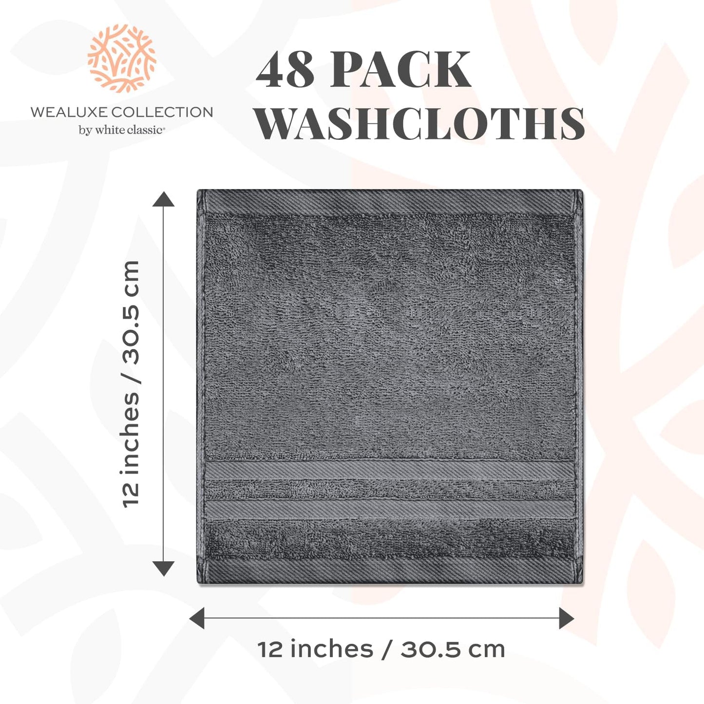 White Classic Wealuxe Dark Gray Washcloths 48 Pack - 600 GSM 100% Ring-Spun Cotton Wash Cloths for Showering, Highly