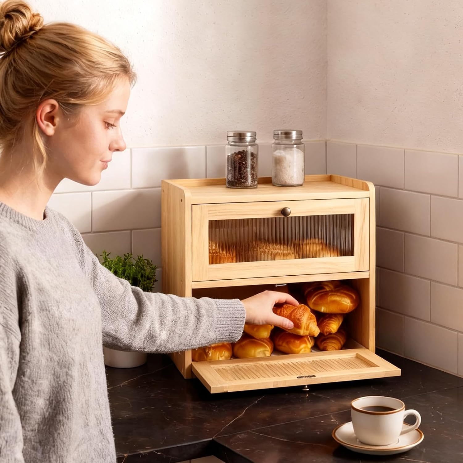 Alpeir Wooden Bread Box for Kitchen Countertop, Large Double Layer, Nature | Food-Safe Pine Wood, Double-Row