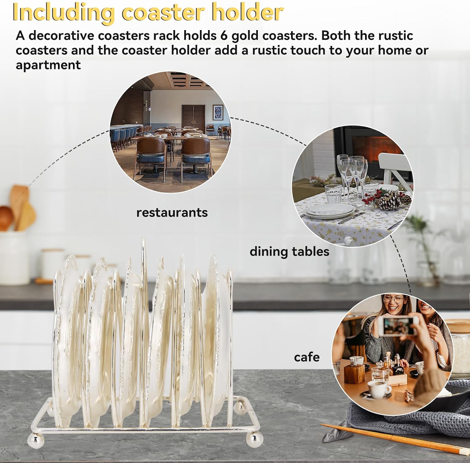 Holder / Rustic Gold Coaster Set Drink Coasters for Drinks / White / 4 Inch