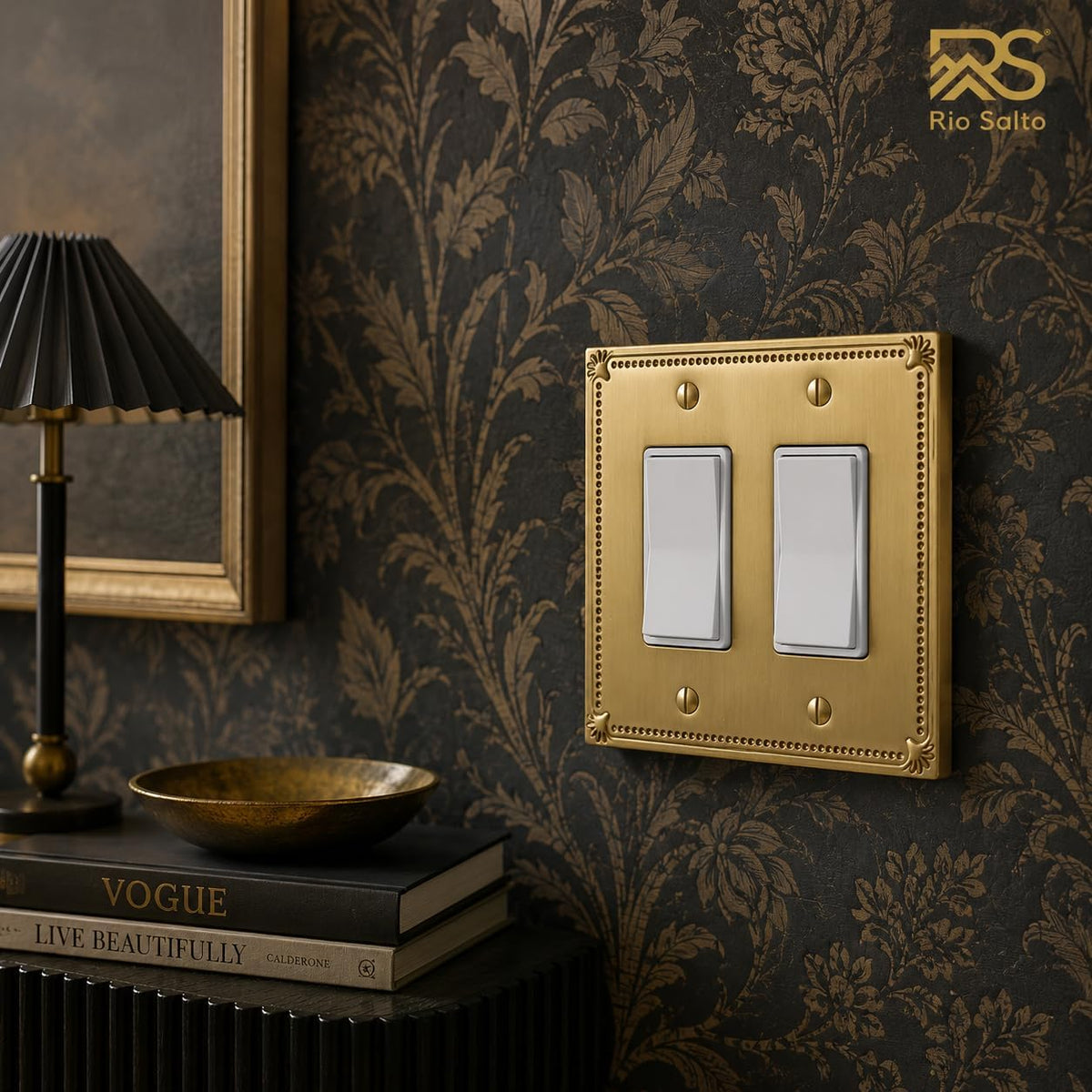 Rio Salto Brushed Gold Decorative 2 Rocker Light Switch Cover Plate Double Rocker Switch Plate 2 Gang Rocker Wall Plate