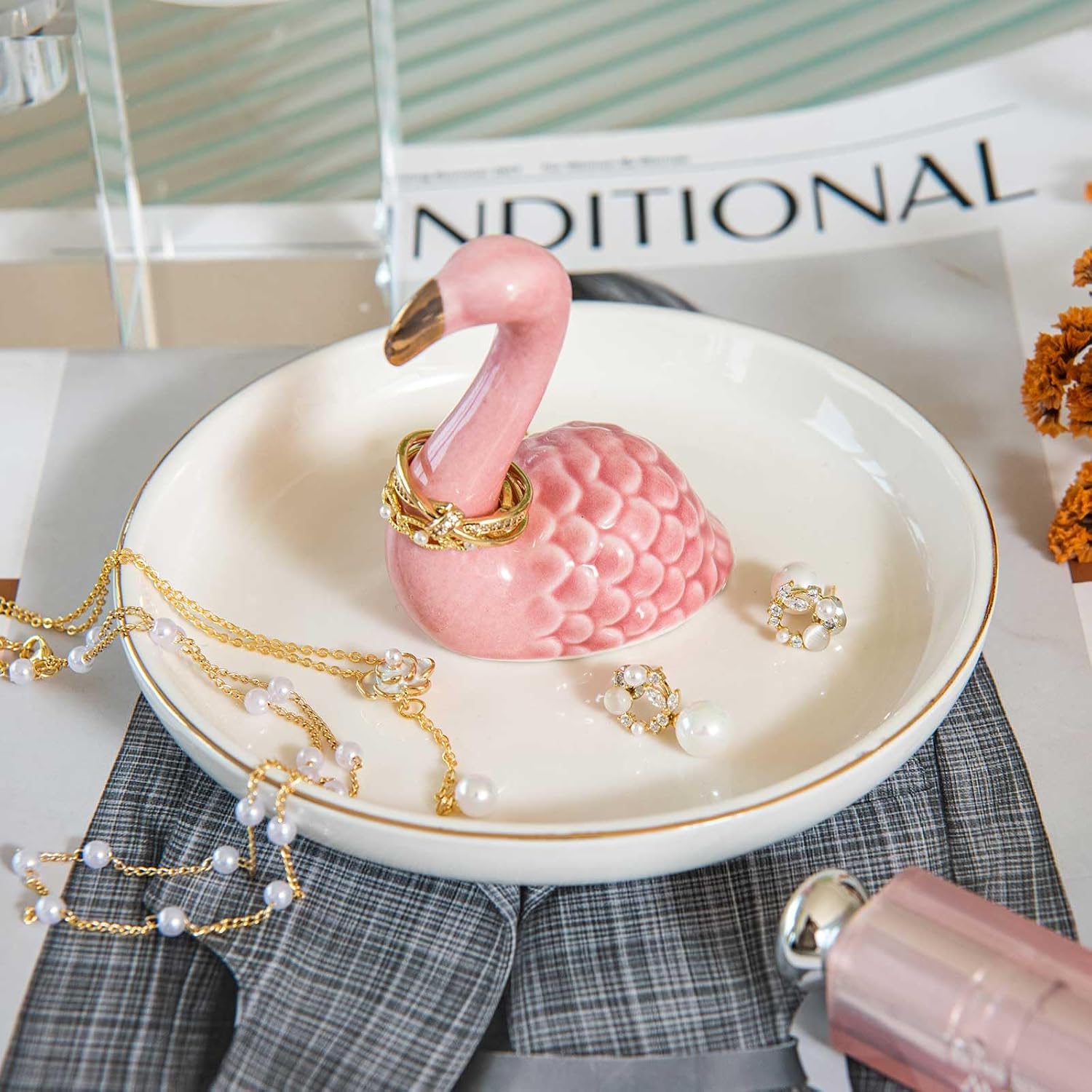 Ceramic Jewelry Tray Trinket Dish for Necklace Keychain Organizer / Flamingo