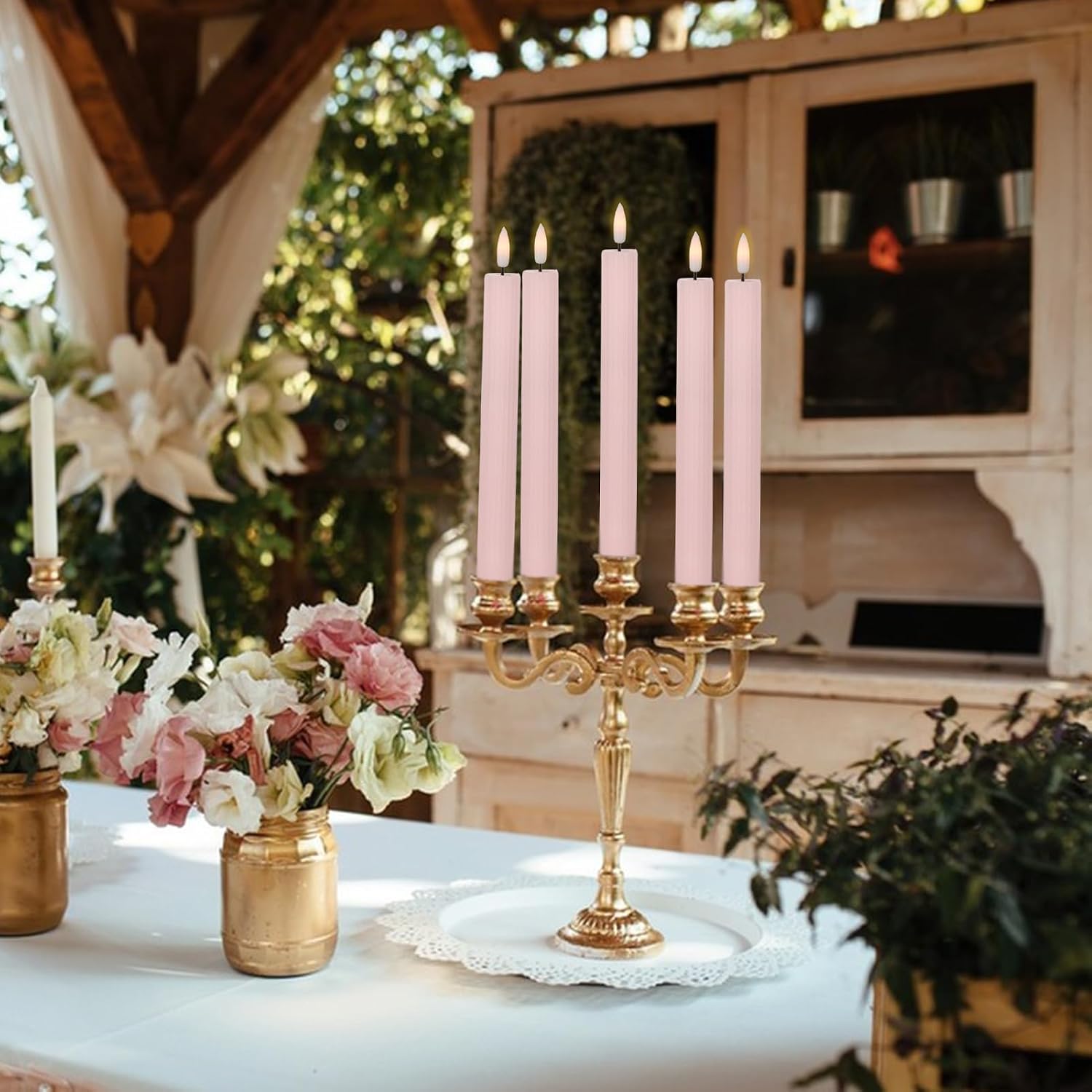 Pink Flameless Taper Candles, Ribbed LED Candlesticks with Remote | LED Taper Candles Flickering, Battery Operated