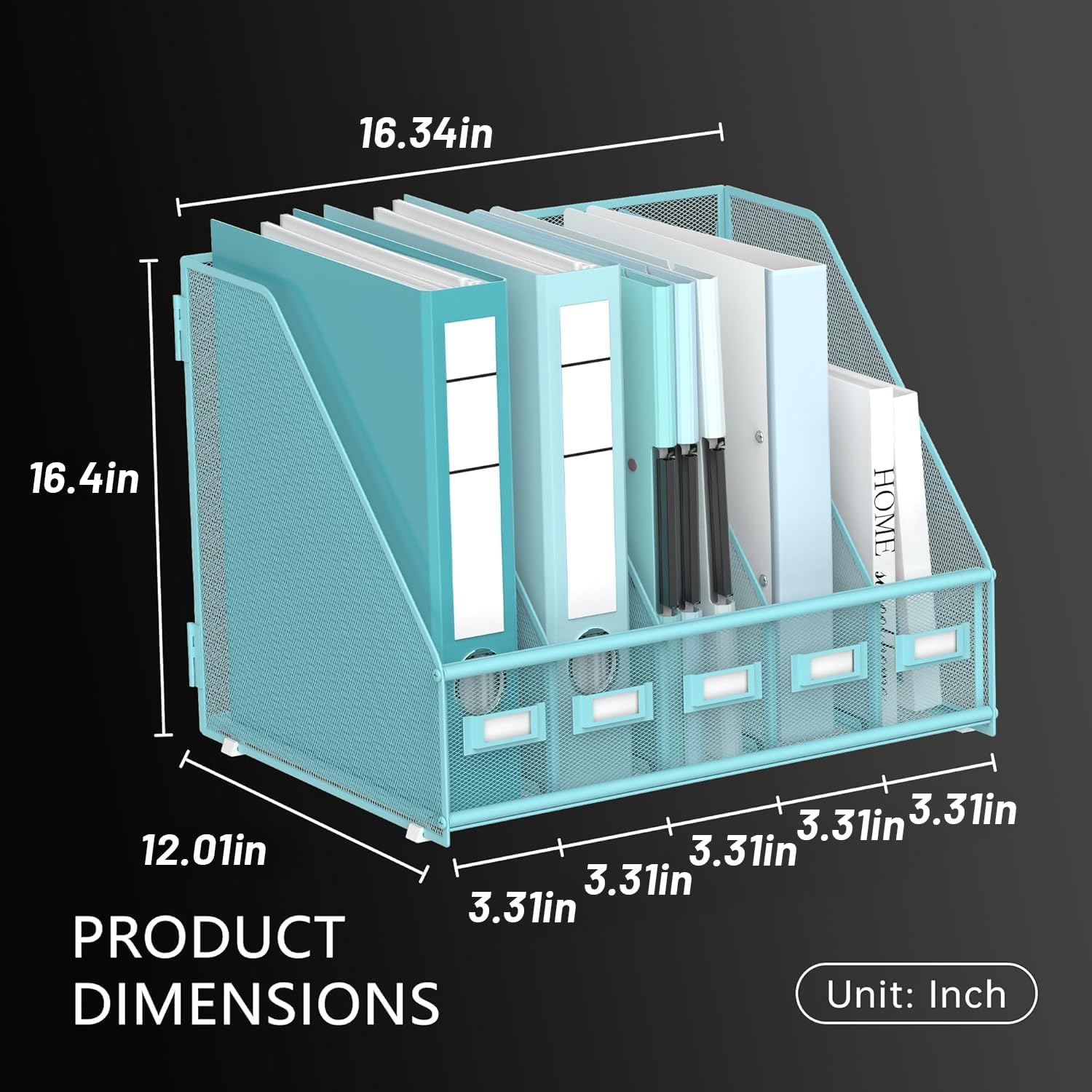 DALTACK 5-Slot Magazine File Holder, Metal Binder Holder, Blue | Iron Mesh Construction, Labeled Sections for Easy