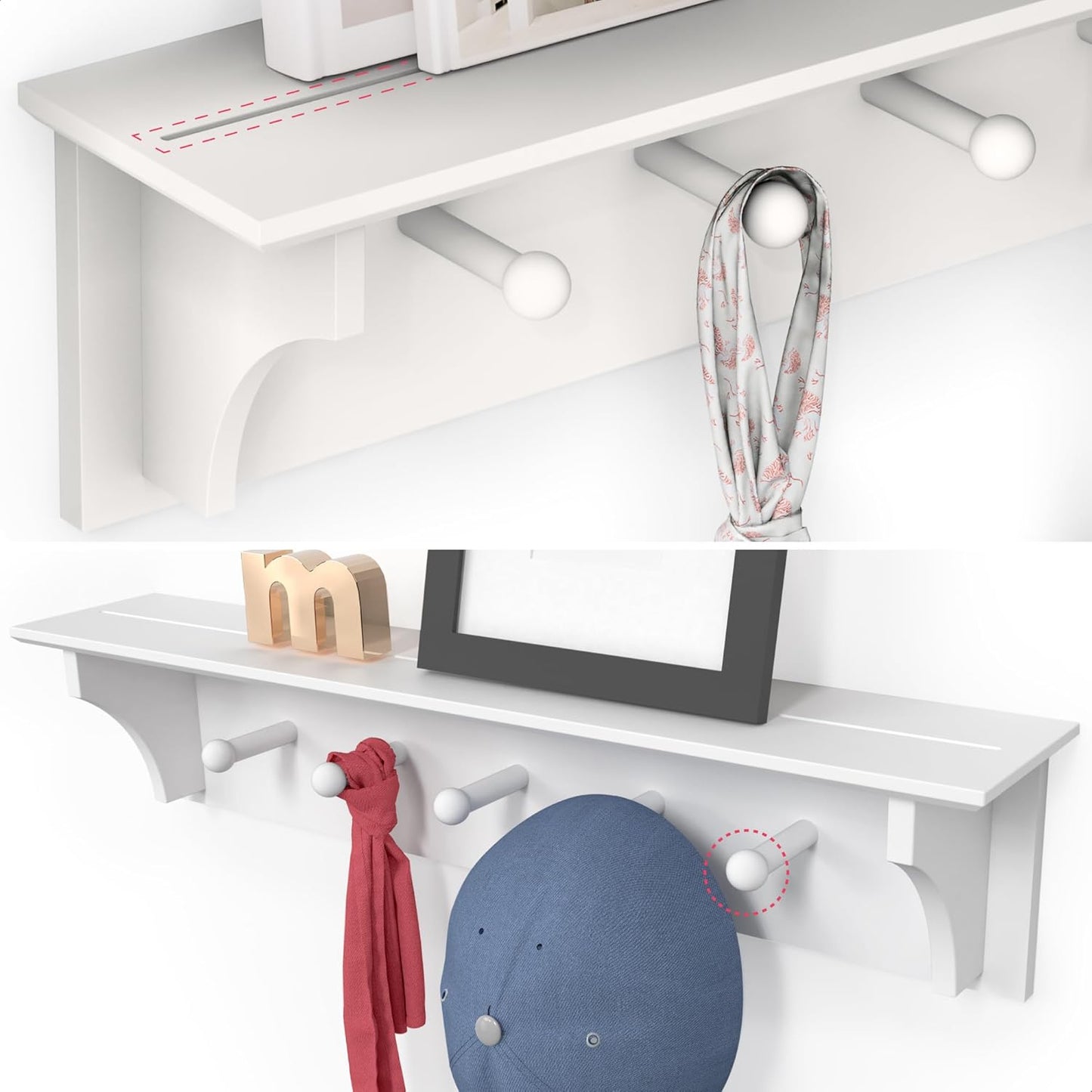 Ballucci Floating Coat and Hat Wall Shelf Rack, 5 Pegs Hook, 24", White