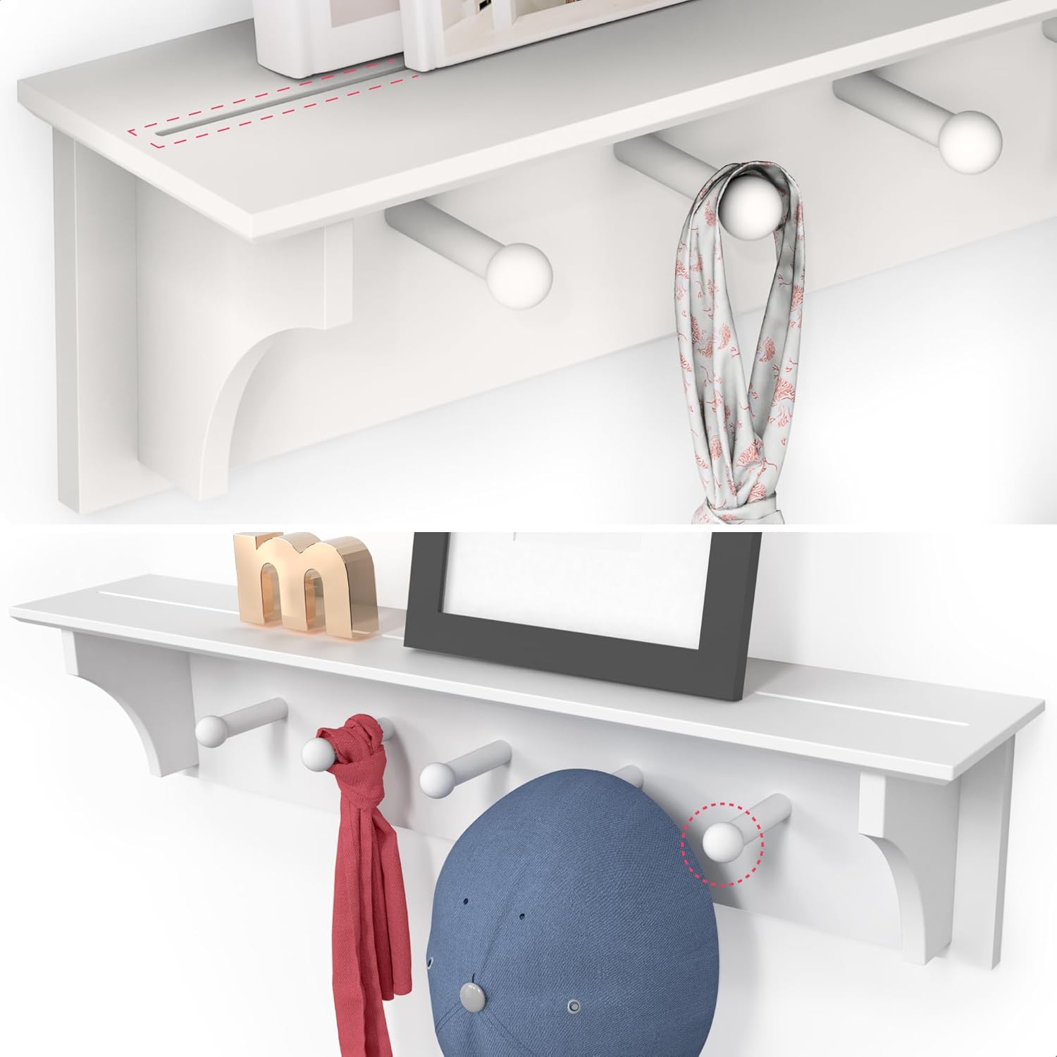 Ballucci Floating Coat and Hat Wall Shelf Rack, 5 Pegs Hook, 24", White