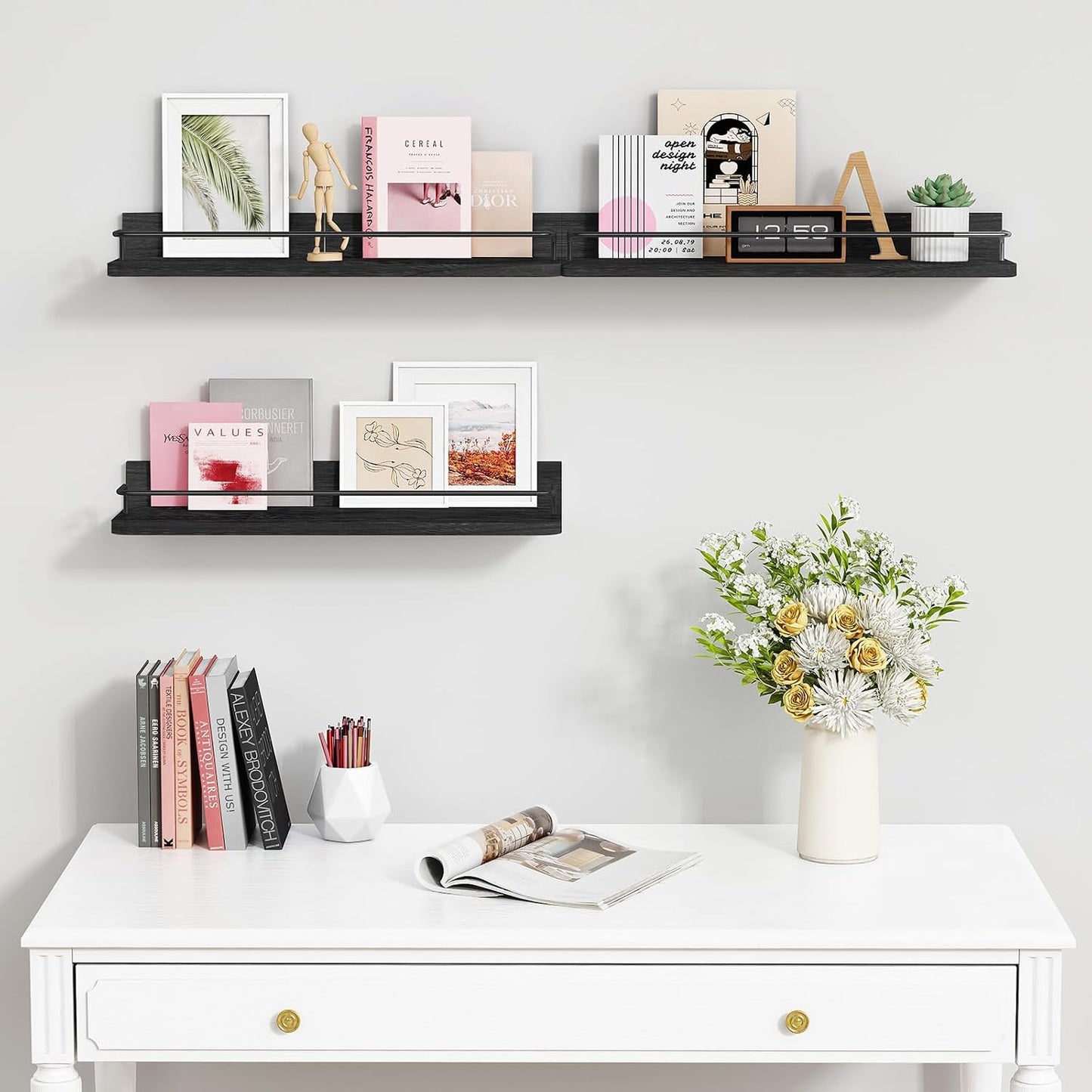 Forbena Black Floating Shelves for Wall, Bahtroom Wall Shelves Over Toilet, Rustic Hanging Shelf with Lip Rail for