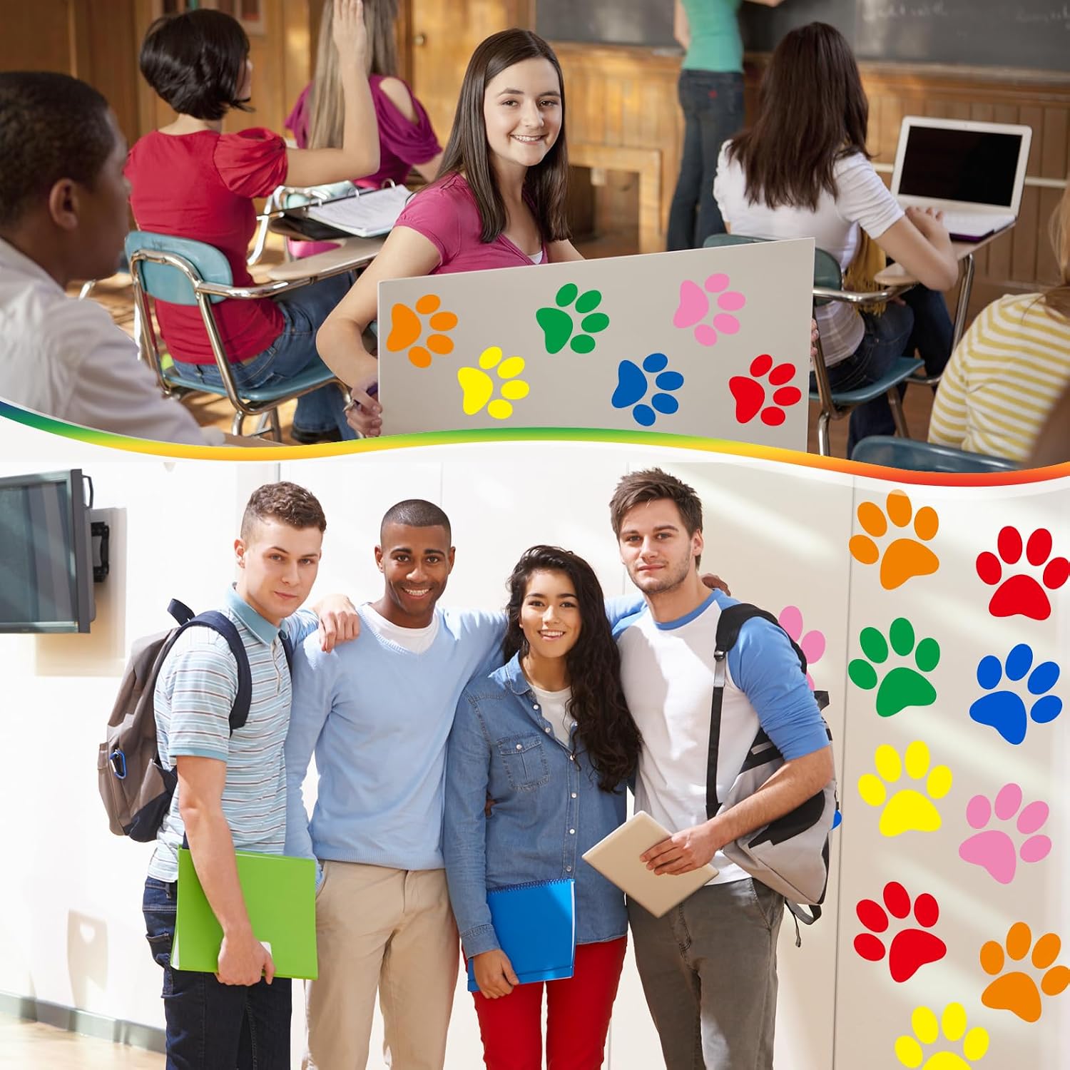 Paw Print Floor Decal 7.5" Large Pawprints Wall Cling Self Adhesive / Multi Color / Set of 30