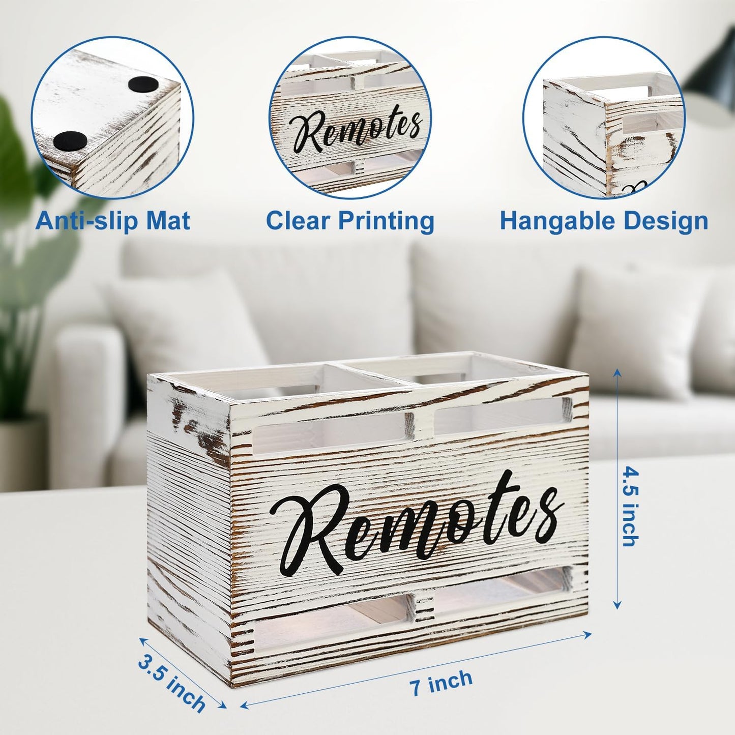 Wooden Remote Control Holder Wall Mount Remote Organizer / Rustic White / 2 Slot