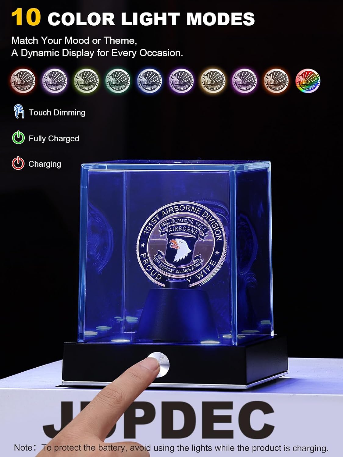 Cordless LED Challenge Coin Display Case, Clear Acrylic Single Silver Dollar Holder with 10 Color Light up, Autograph