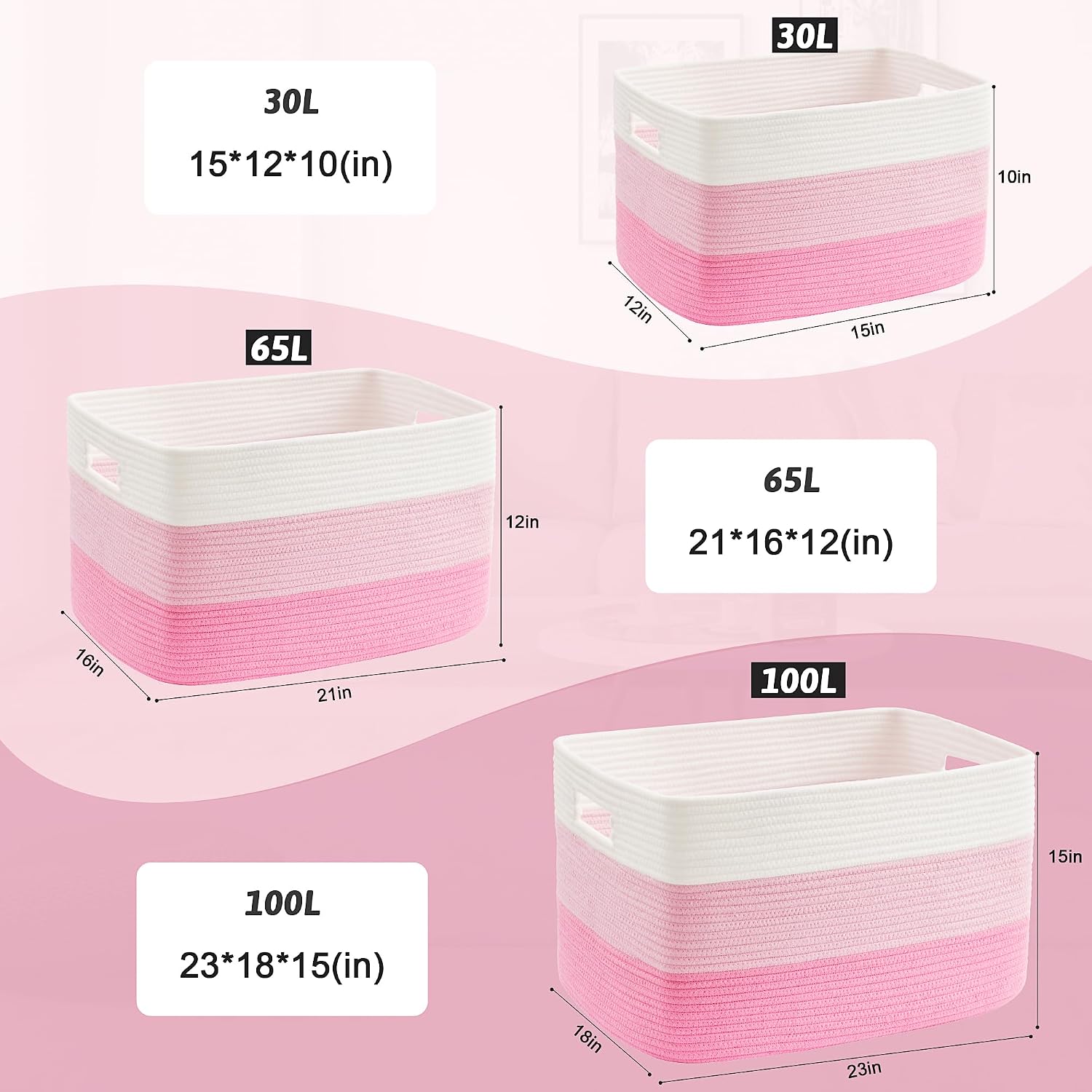 Rectangle Woven Baskets for Storage / Pink / 65L