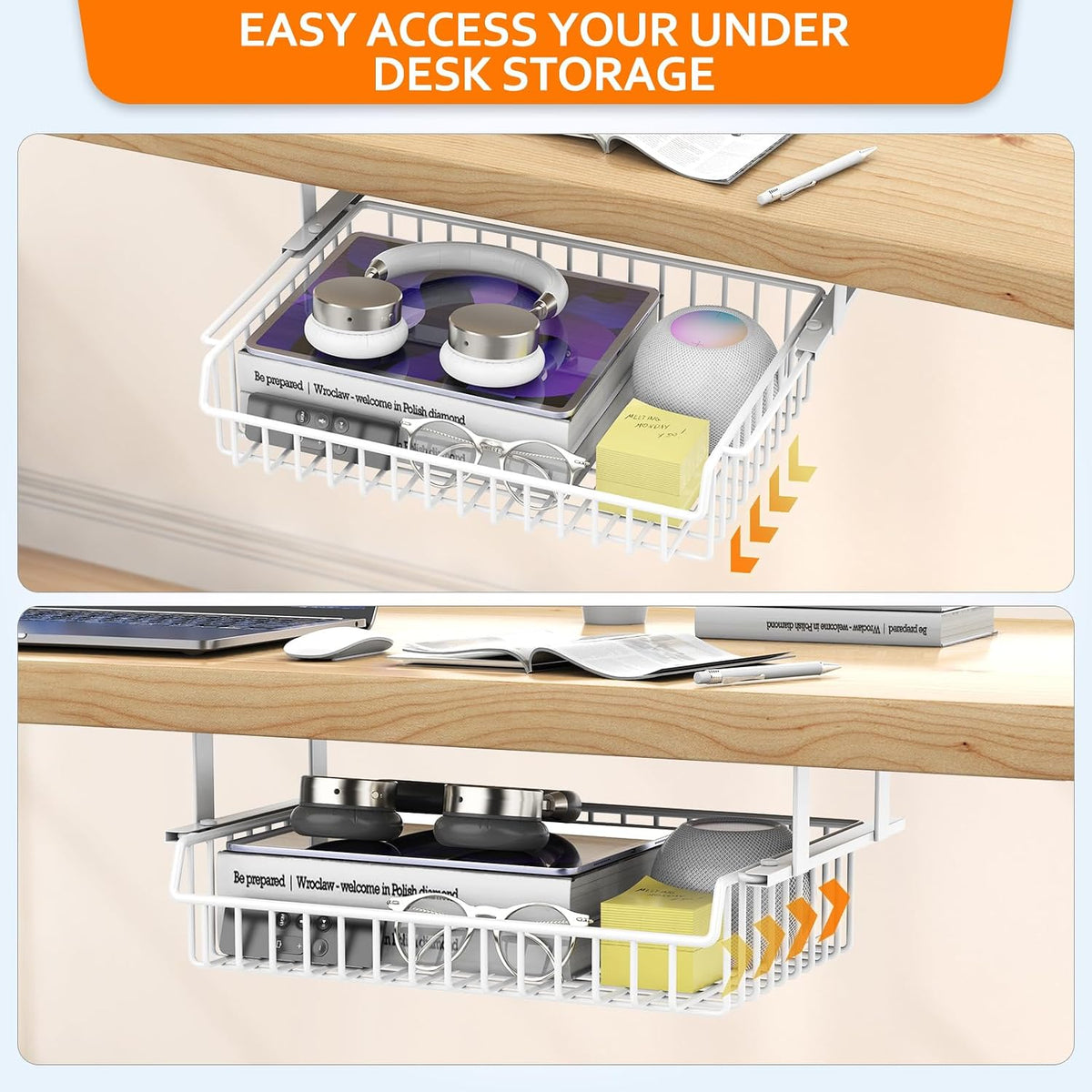 ENONCI Under Desk Storage Drawer Slide Out No Drill Metal Cabinet | Shelf Storage Basket Cabinet, Under Table Drawer
