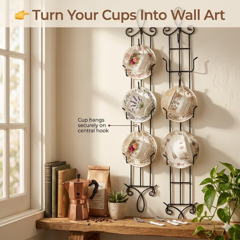 HOHIYA Wall Mount Tea Cup Rack 2 Pack Coffee Mug Organizer Black | Displays and organizes teacups, coffee mugs and